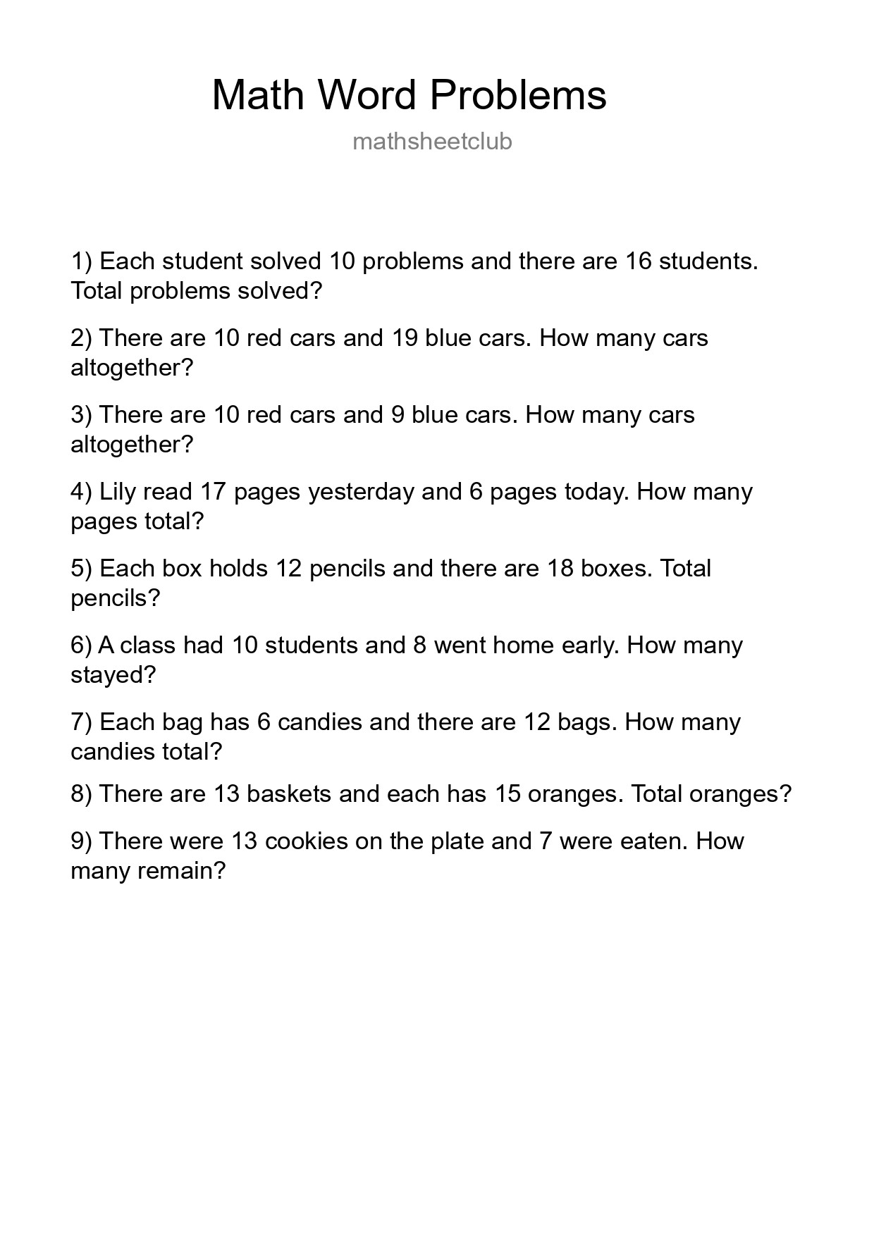 Math Word Problem Worksheet