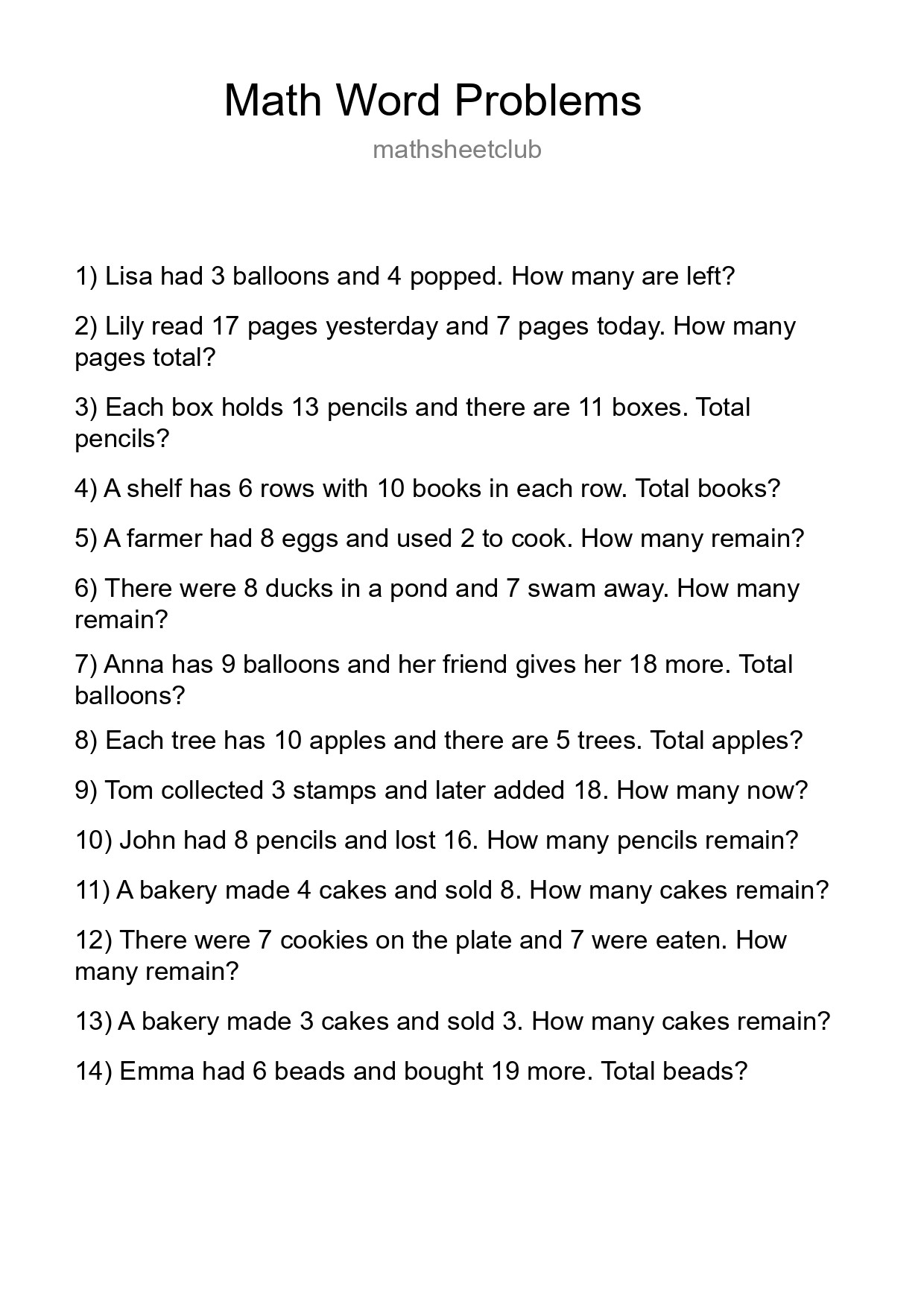 Math Word Problem Worksheet