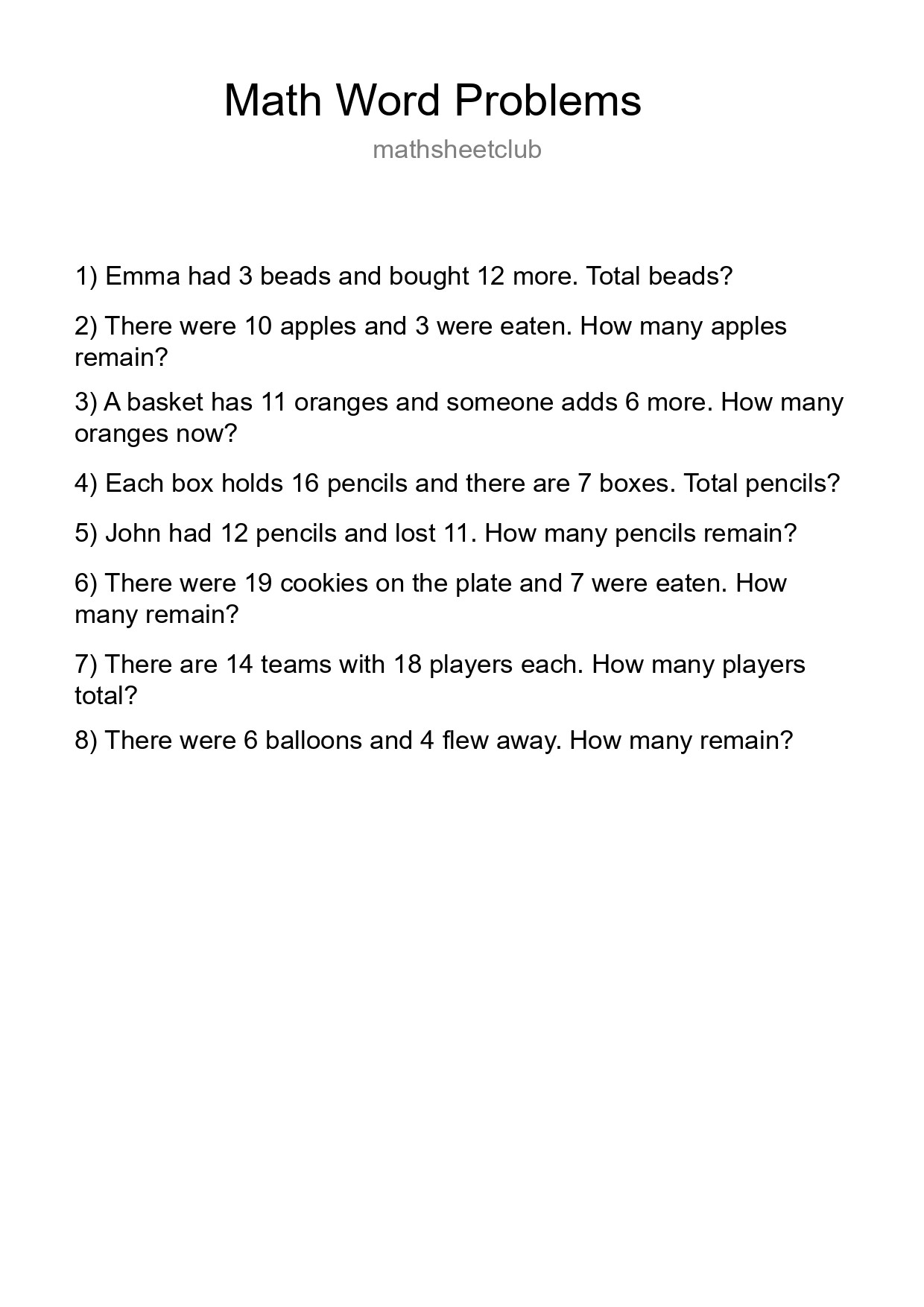 Math Word Problem Worksheet