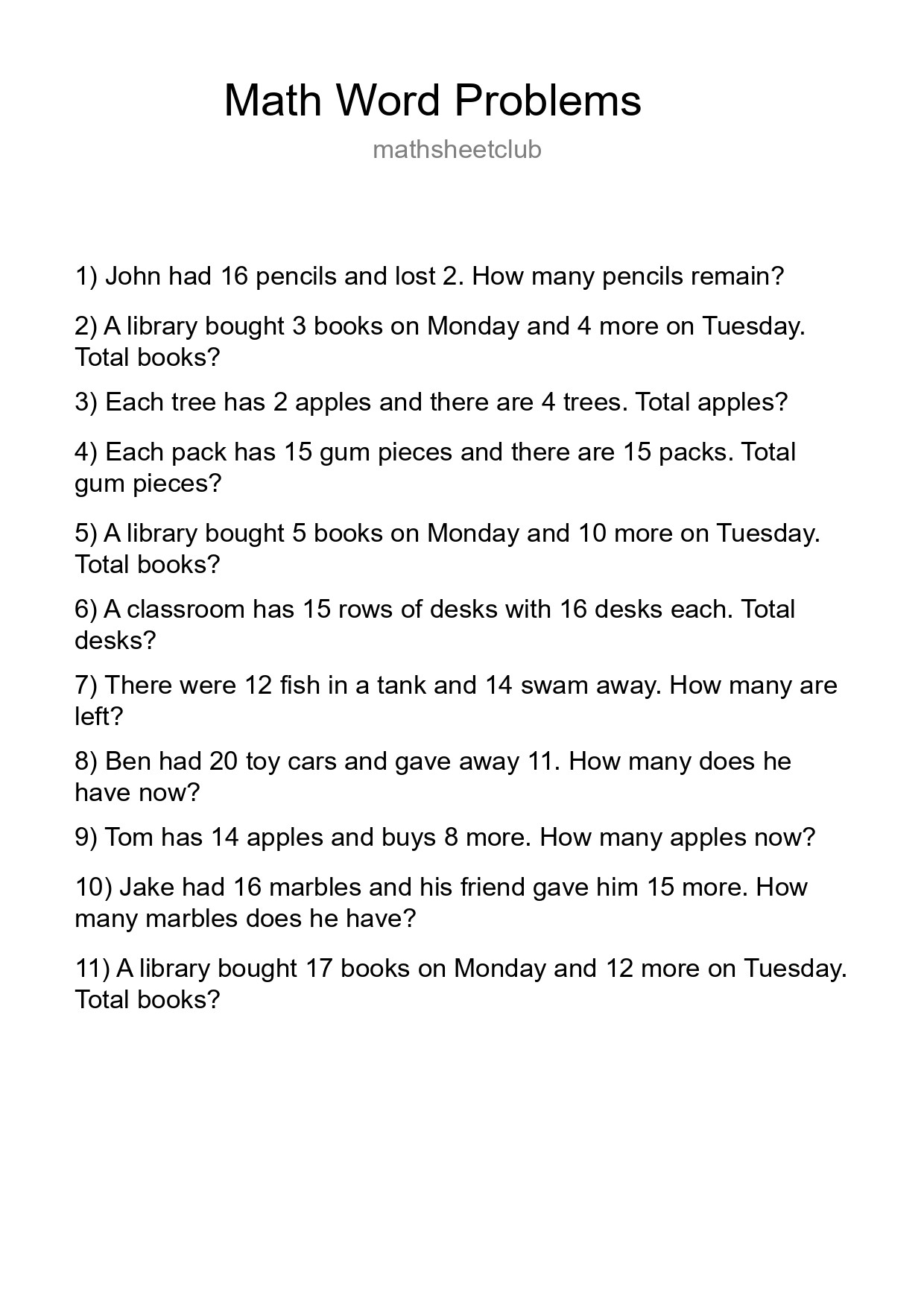 Math Word Problem Worksheet