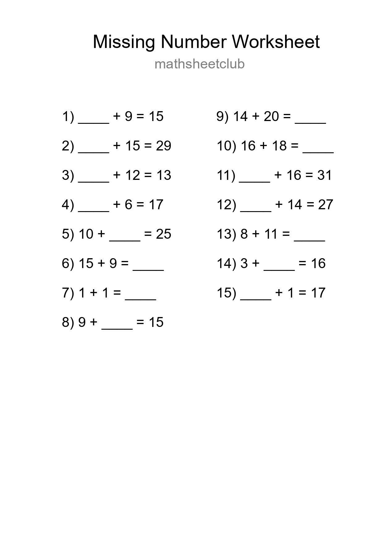 Missing Number Math Worksheet