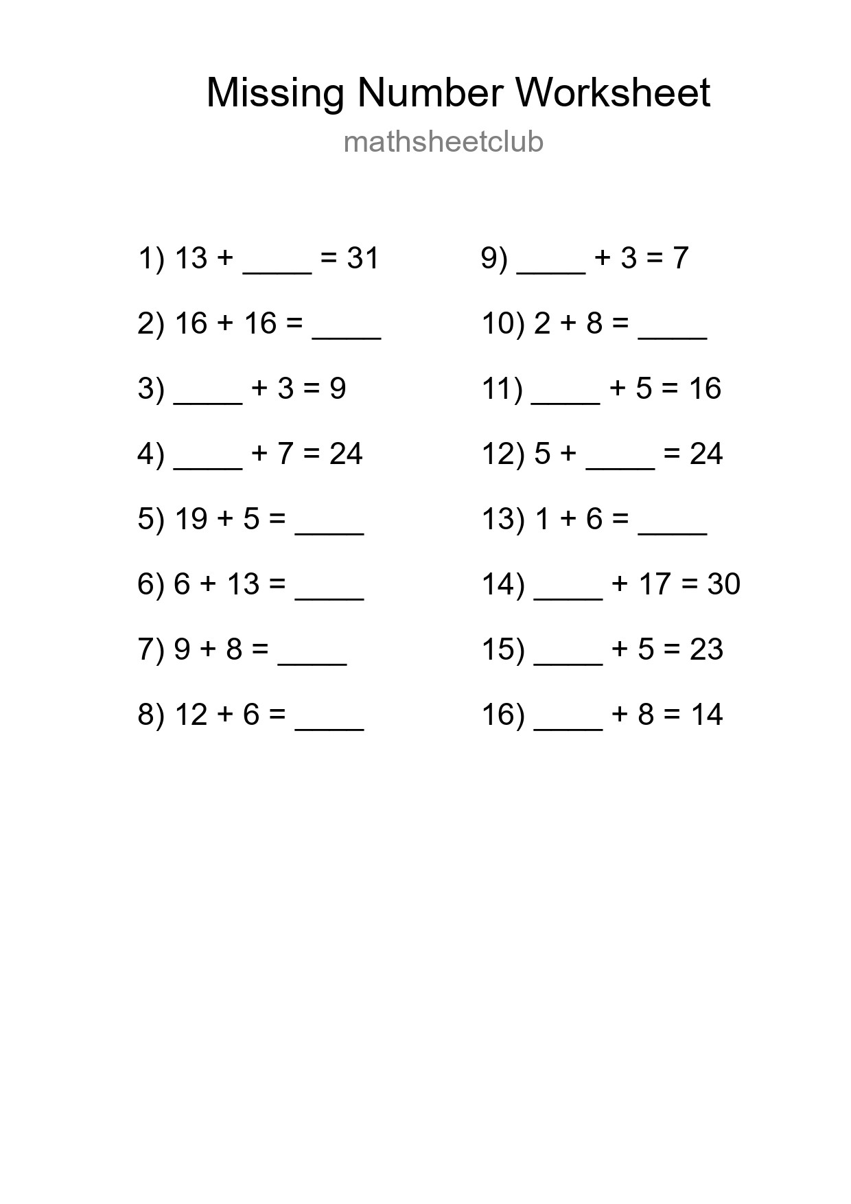 Missing Number Math Worksheet