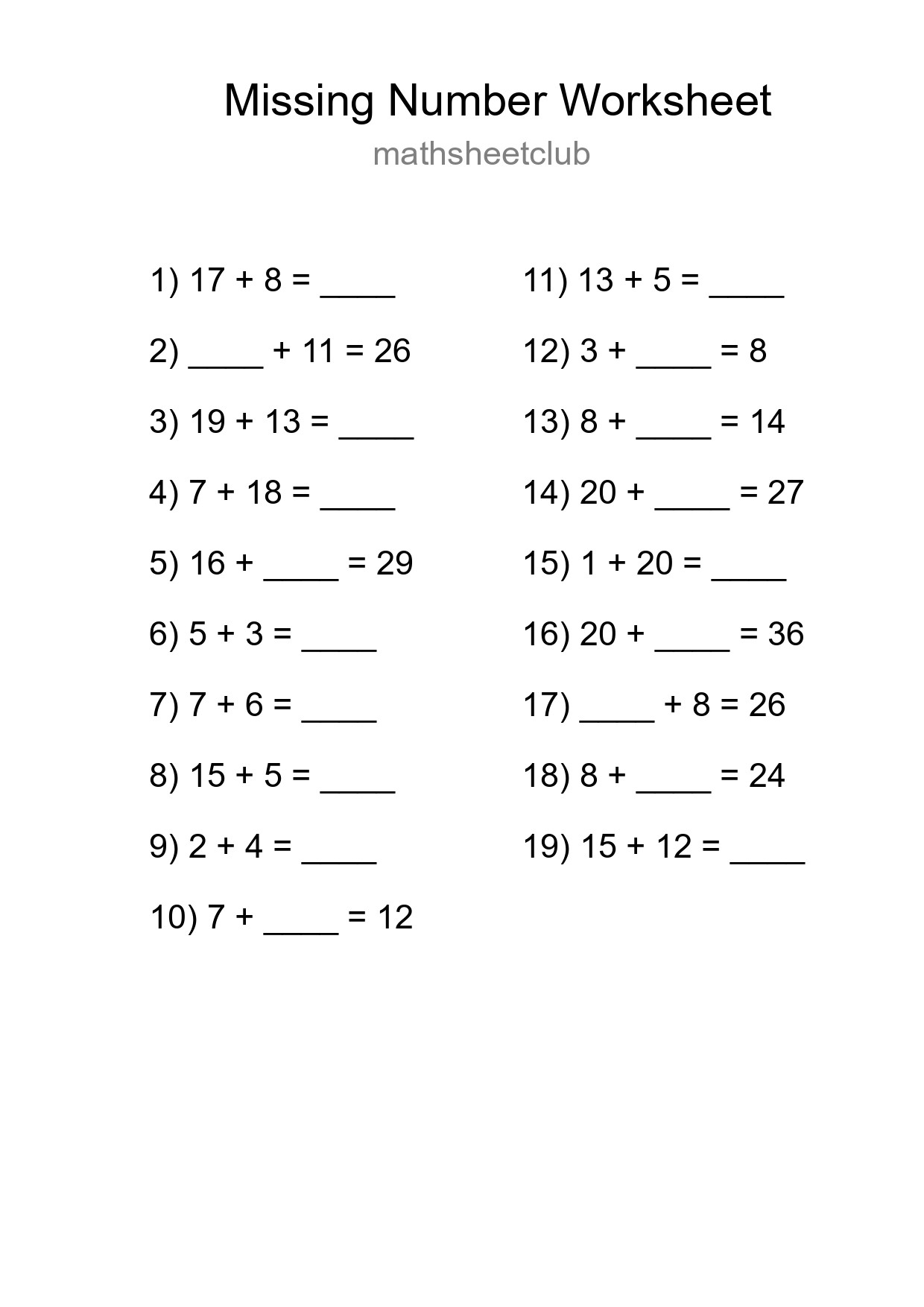 Missing Number Math Worksheet