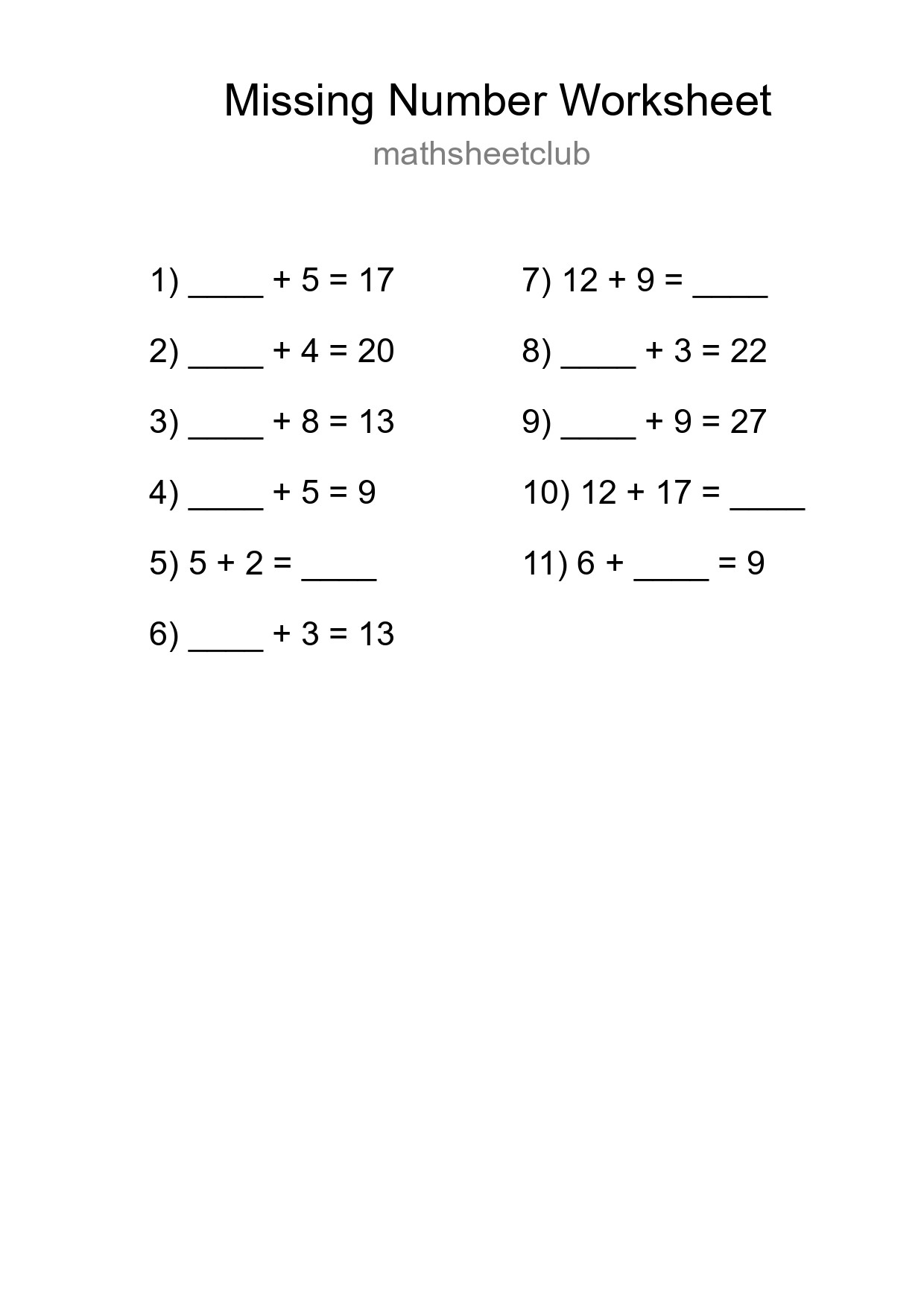 Missing Number Math Worksheet
