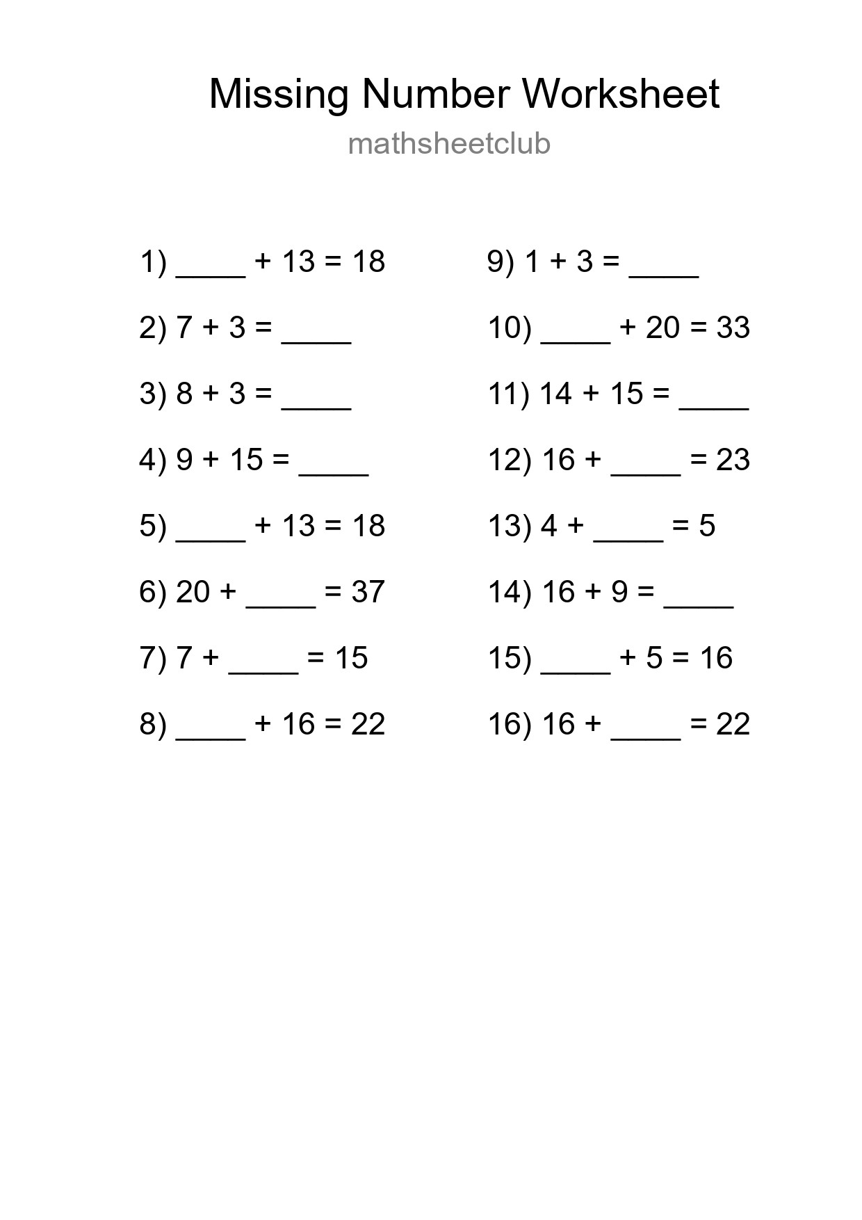 Missing Number Math Worksheet
