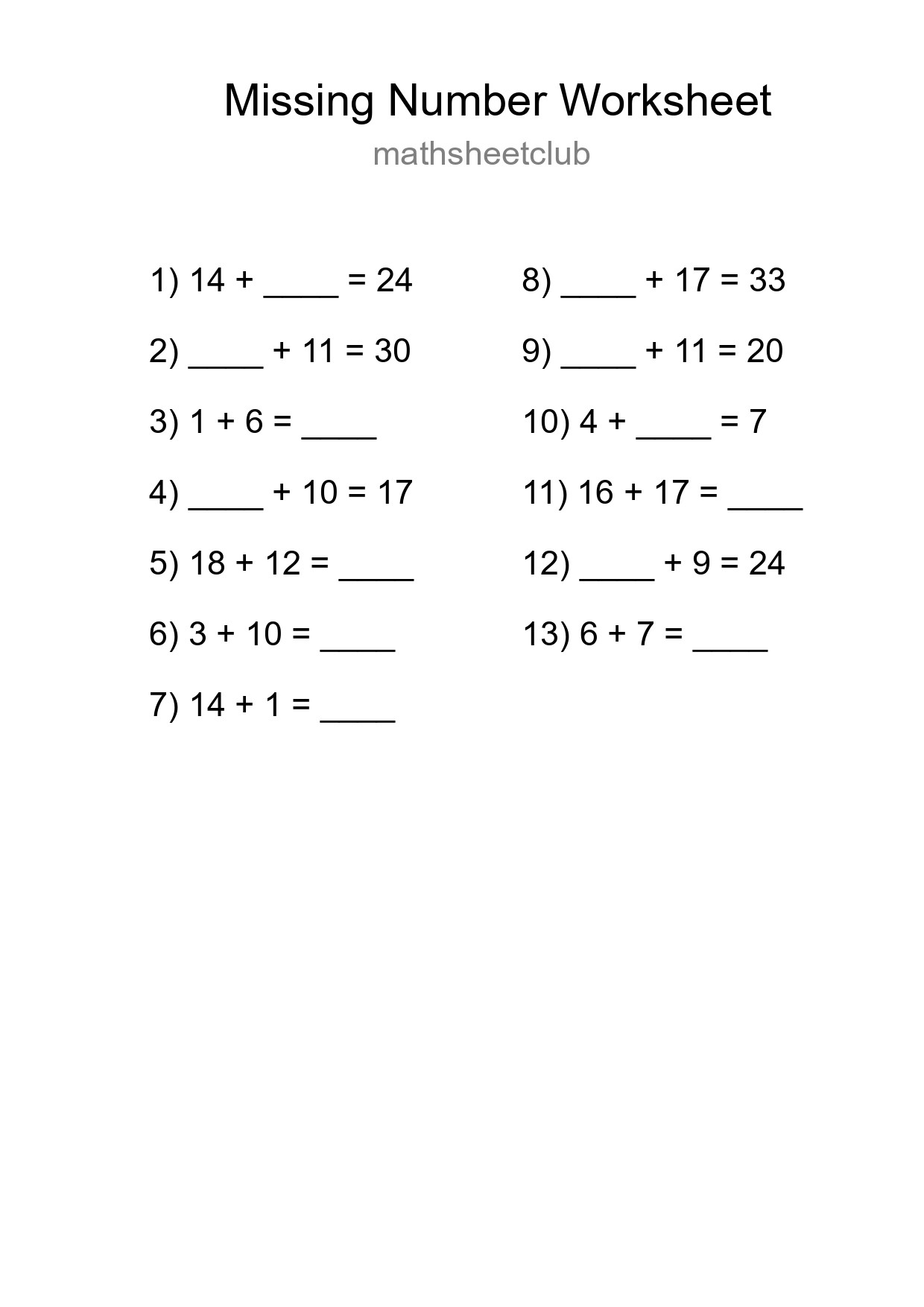 Missing Number Math Worksheet