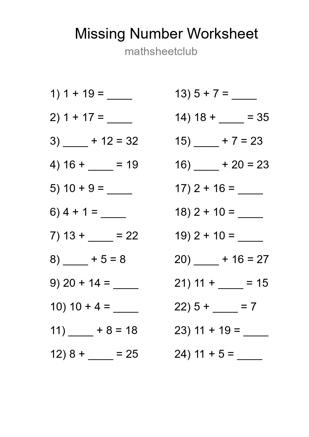 Missing Number Math Worksheet