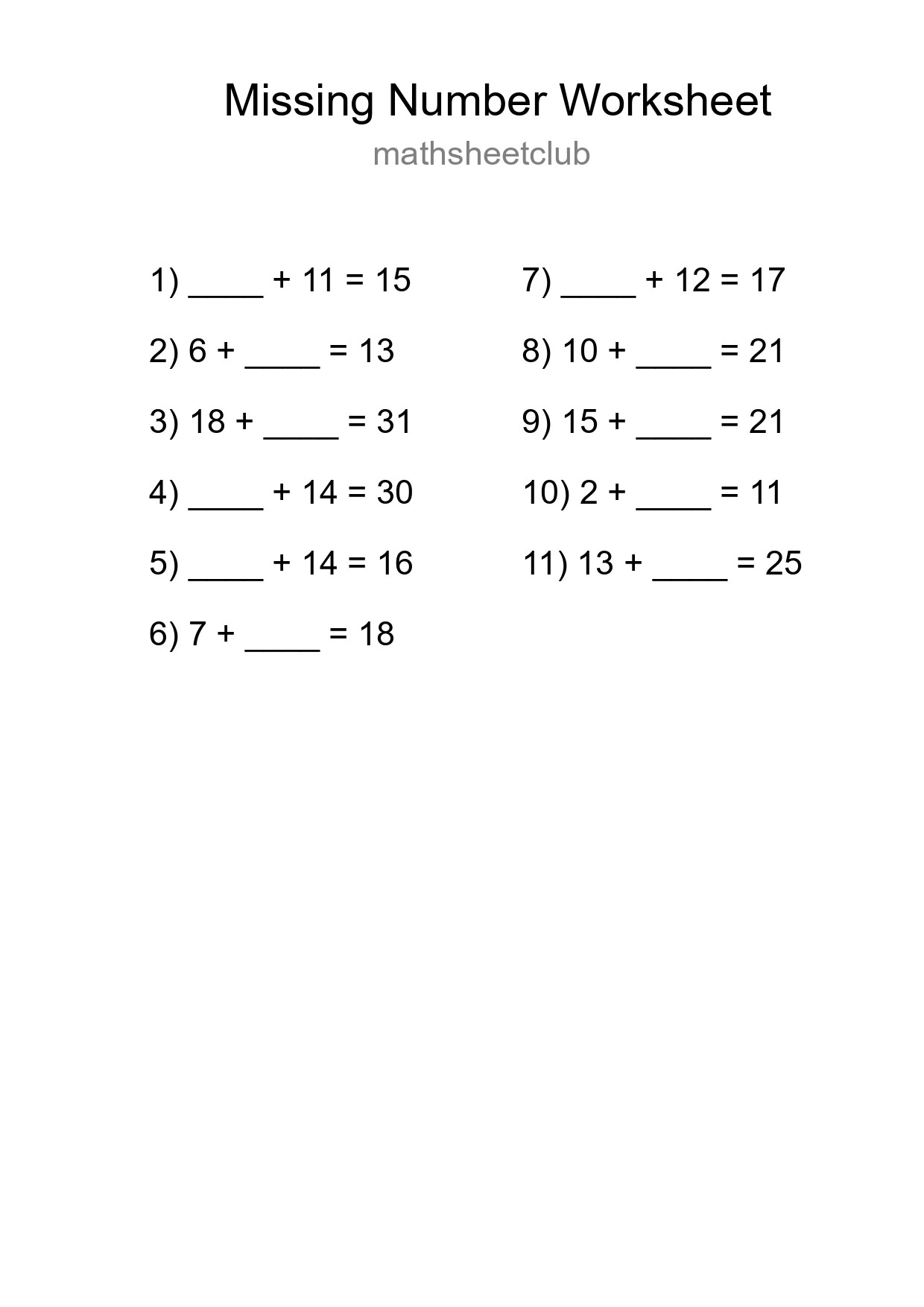 Missing Number Math Worksheet
