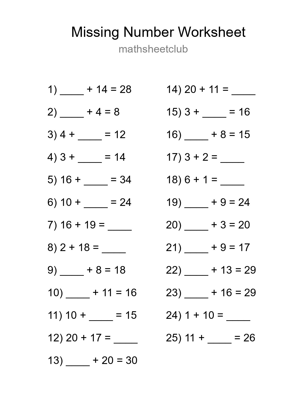 Missing Number Math Worksheet