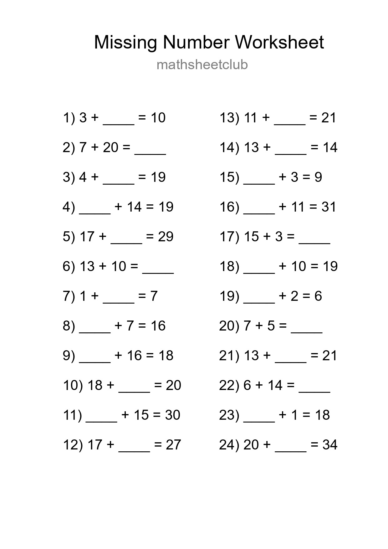 Missing Number Math Worksheet