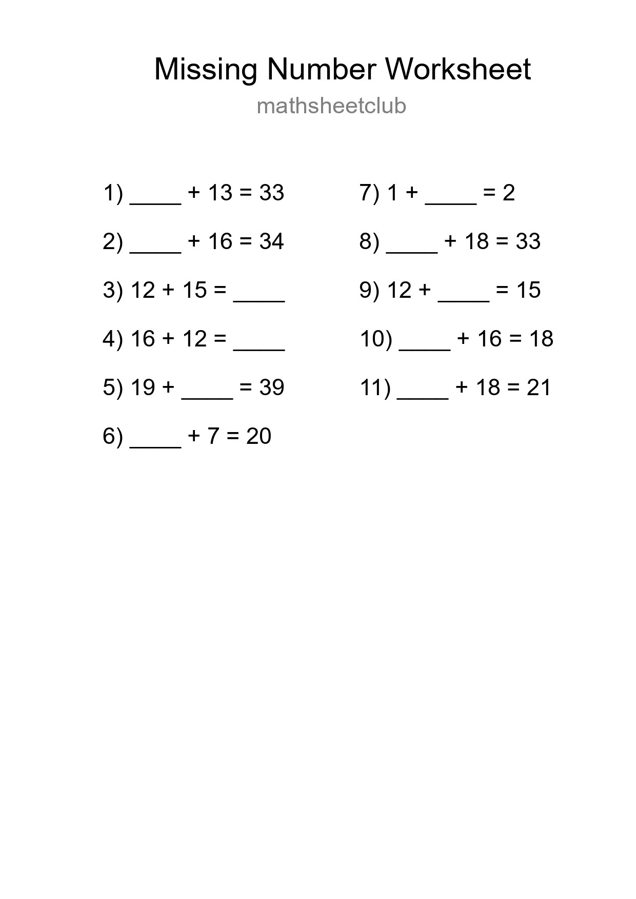 Missing Number Math Worksheet