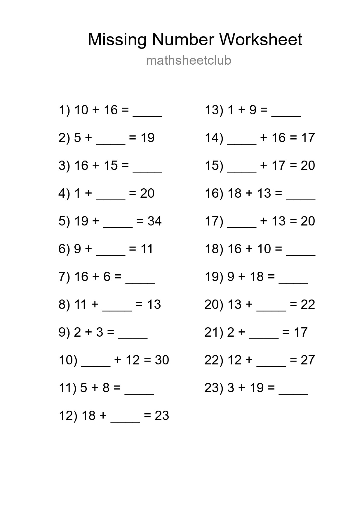 Missing Number Math Worksheet