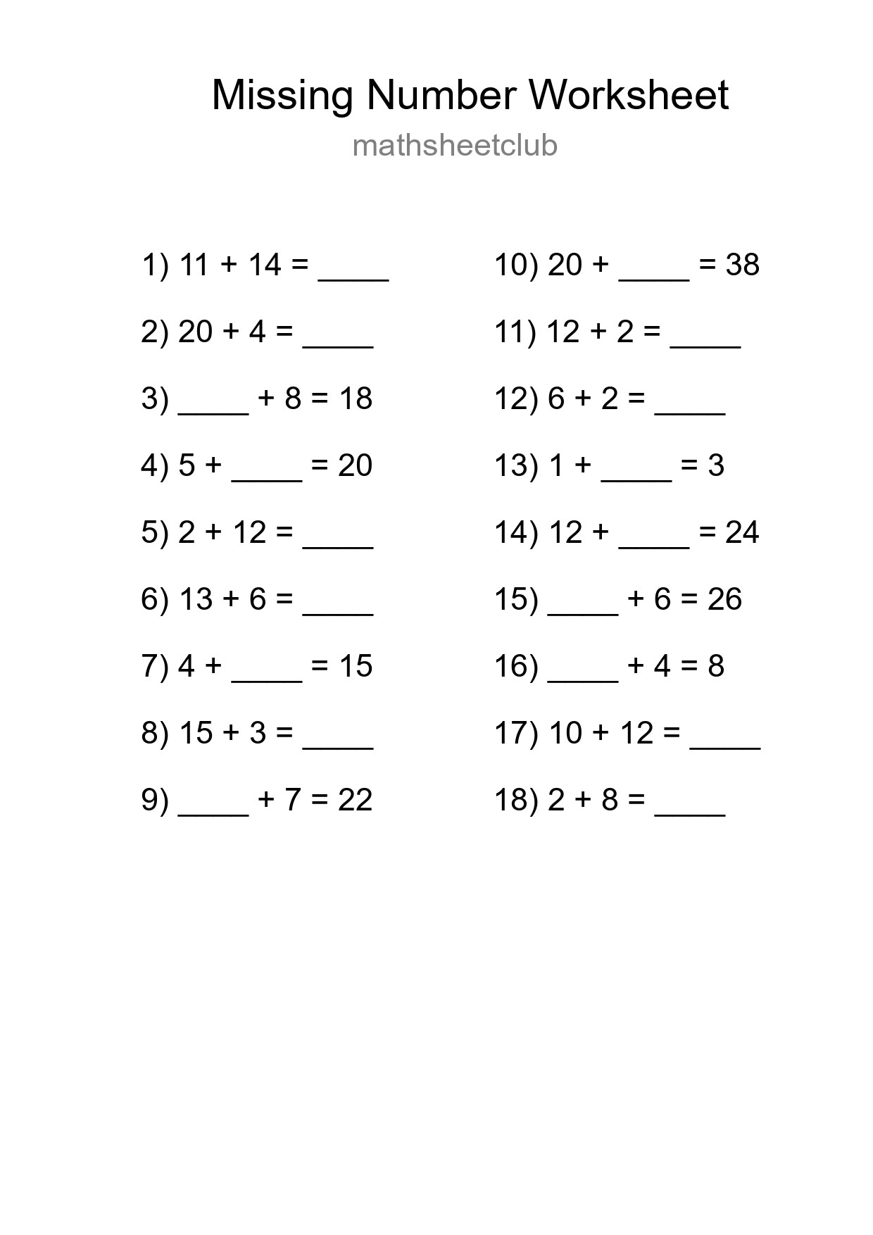 Missing Number Math Worksheet