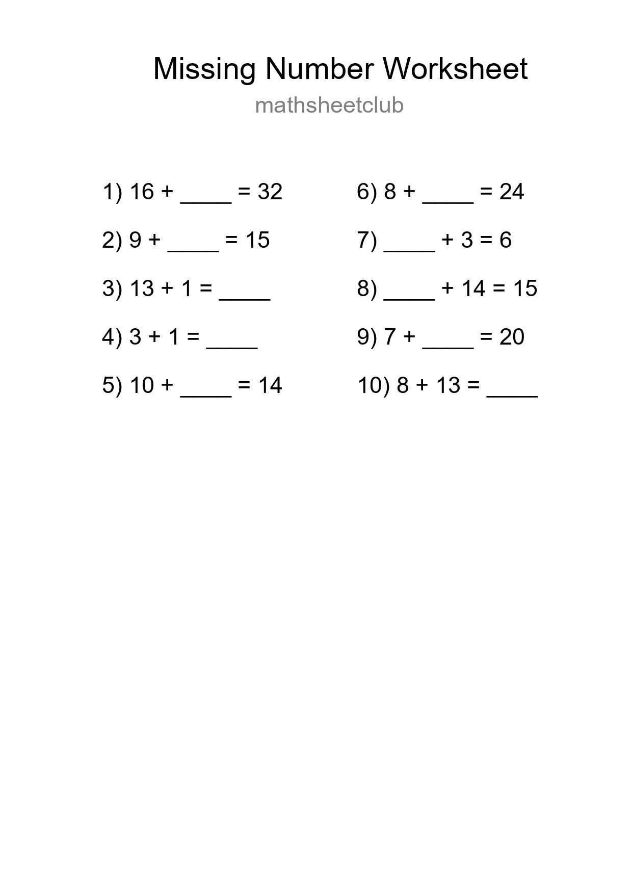 Missing Number Math Worksheet