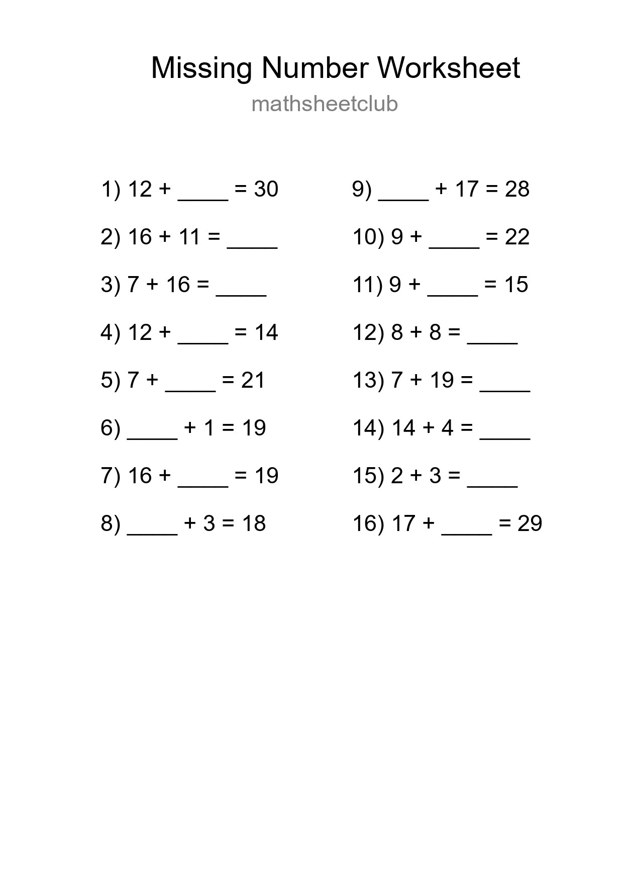 Missing Number Math Worksheet