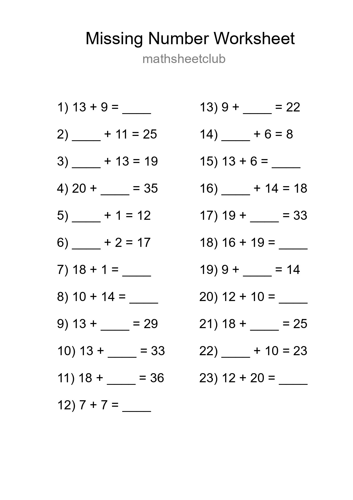 Missing Number Math Worksheet
