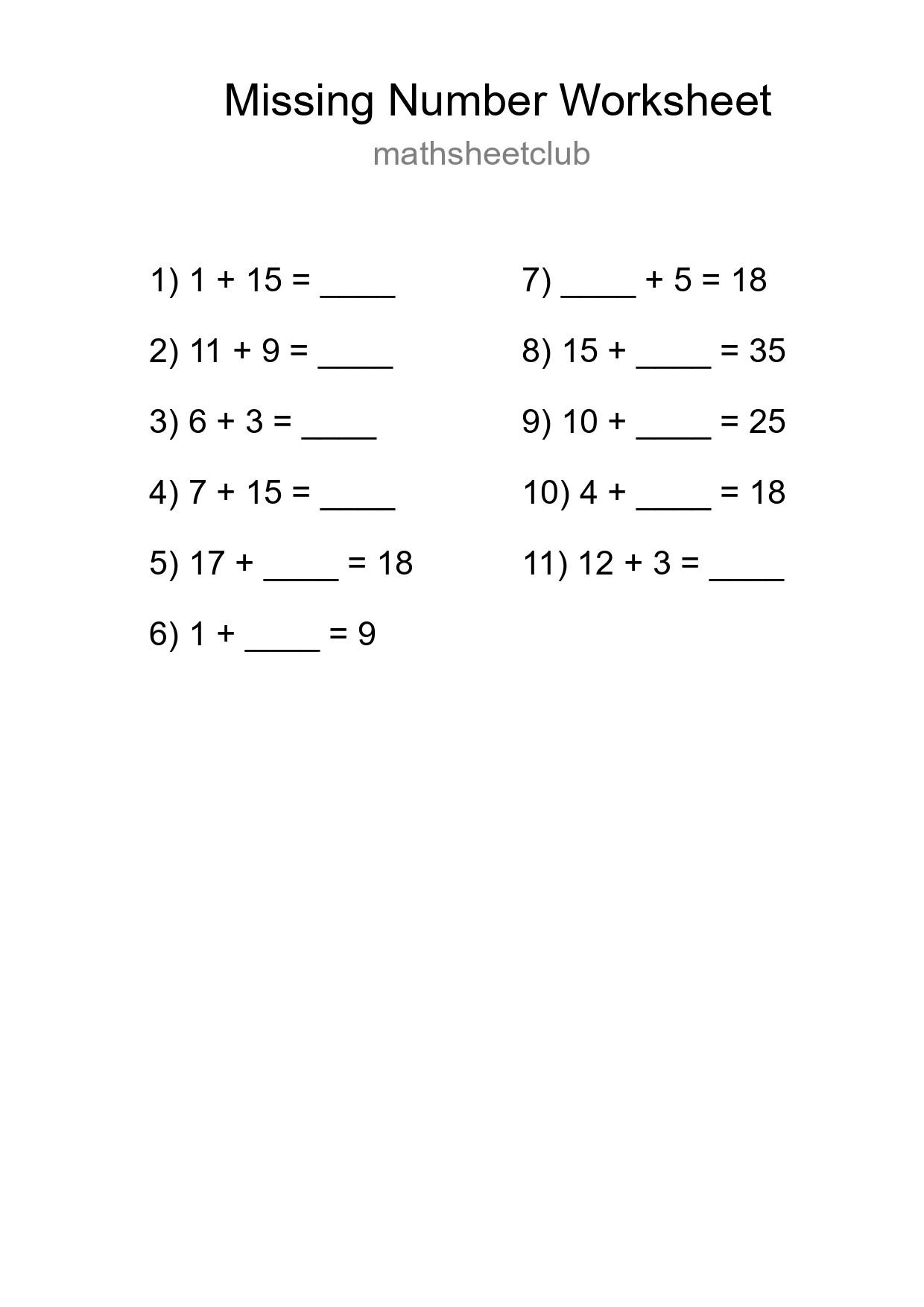 Missing Number Math Worksheet