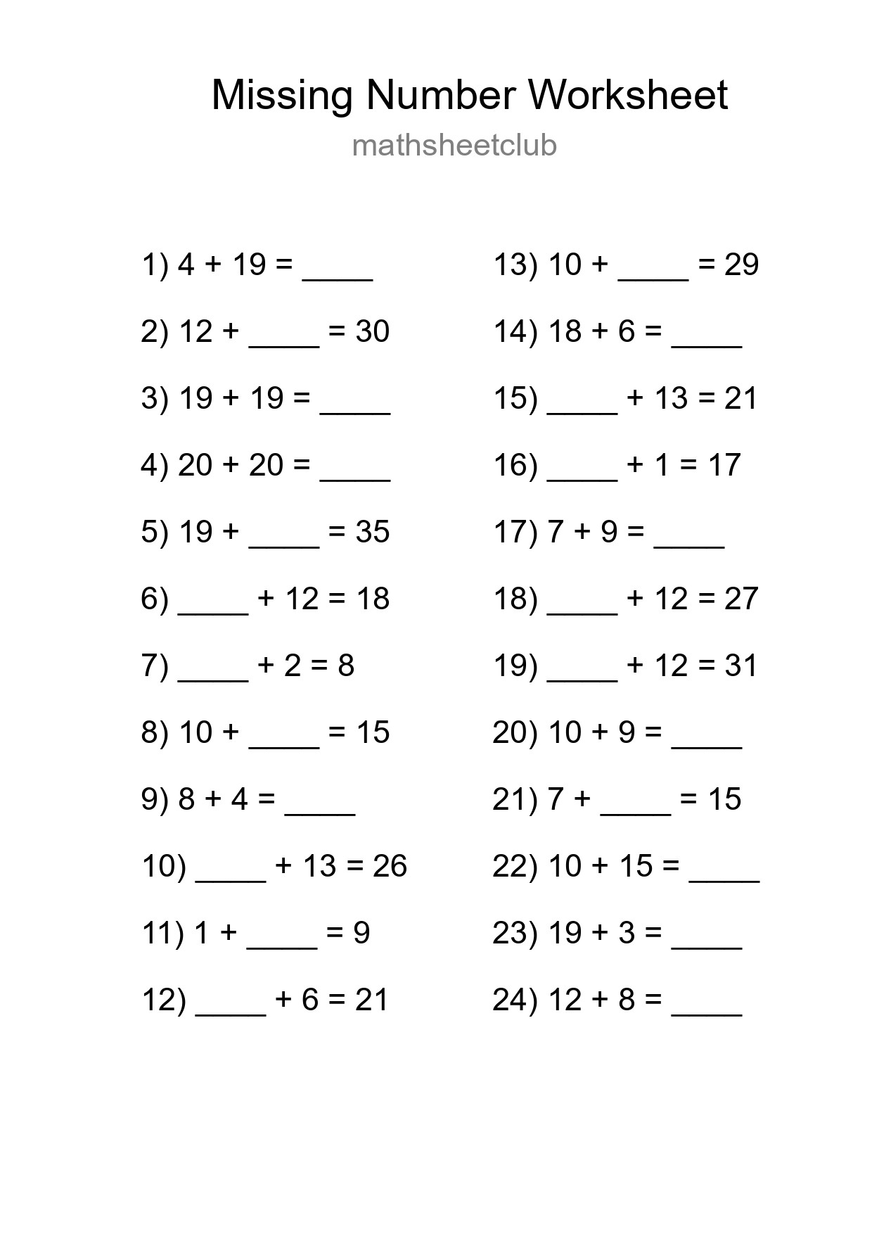 Missing Number Math Worksheet