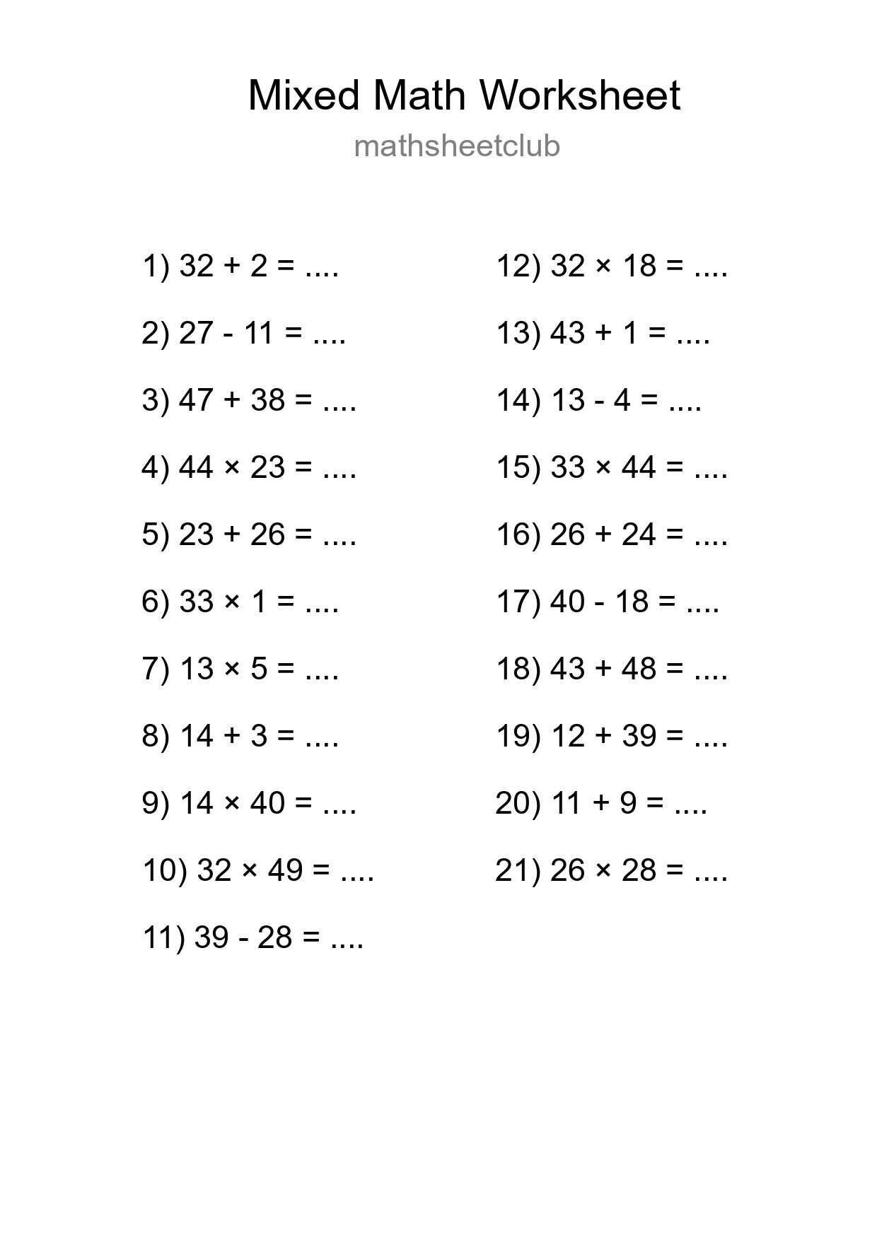 Mixed Operations Math Worksheet