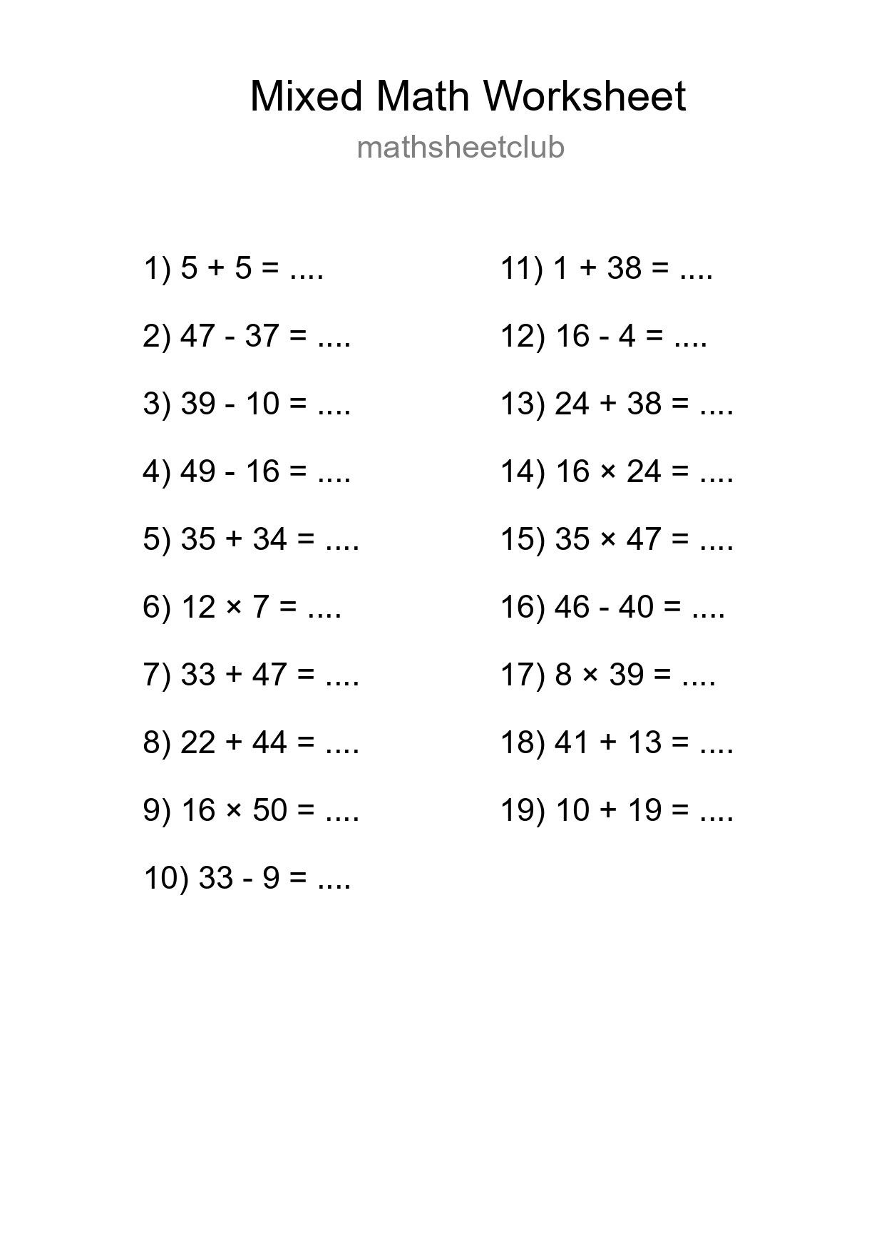 Mixed Operations Math Worksheet