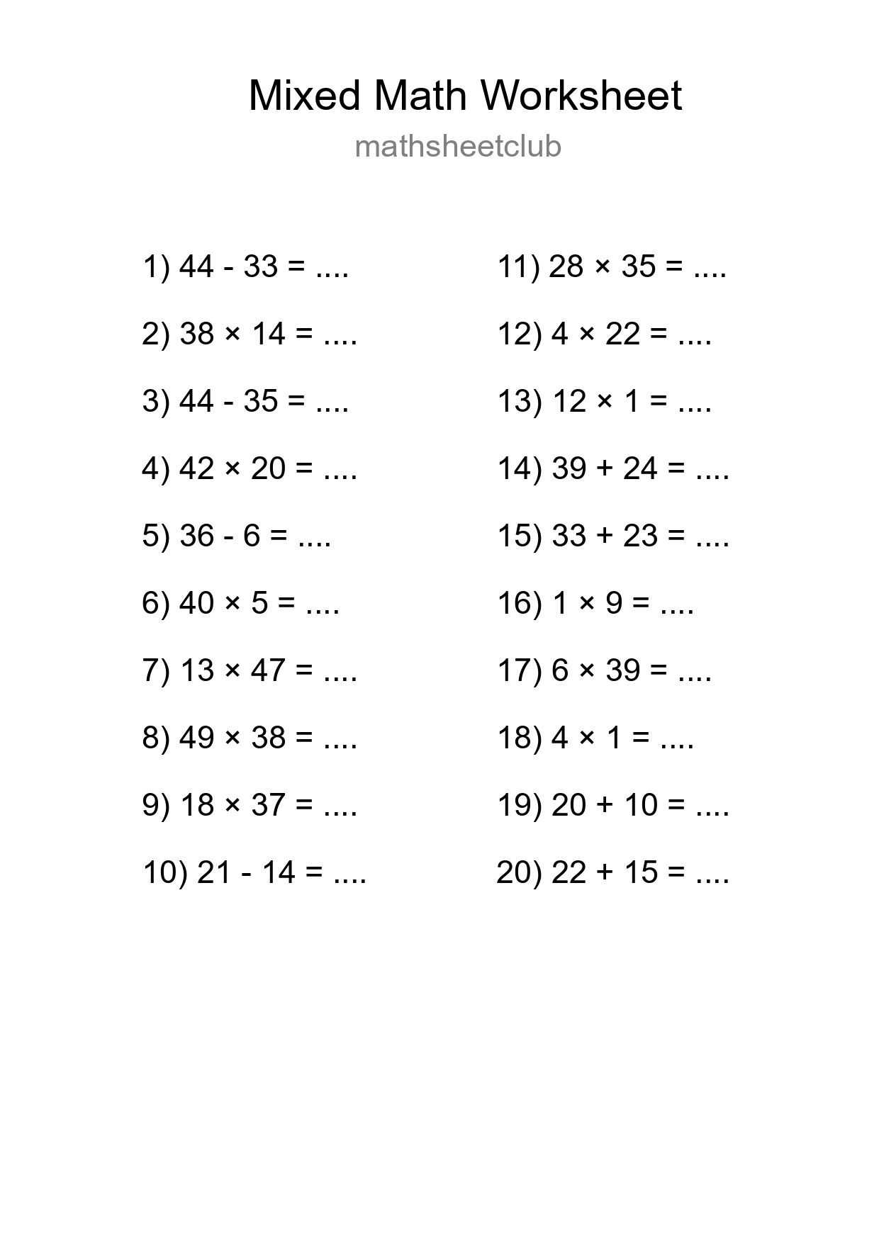 Mixed Operations Math Worksheet