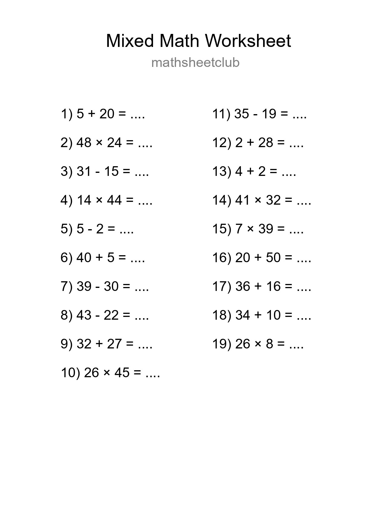 Mixed Operations Math Worksheet