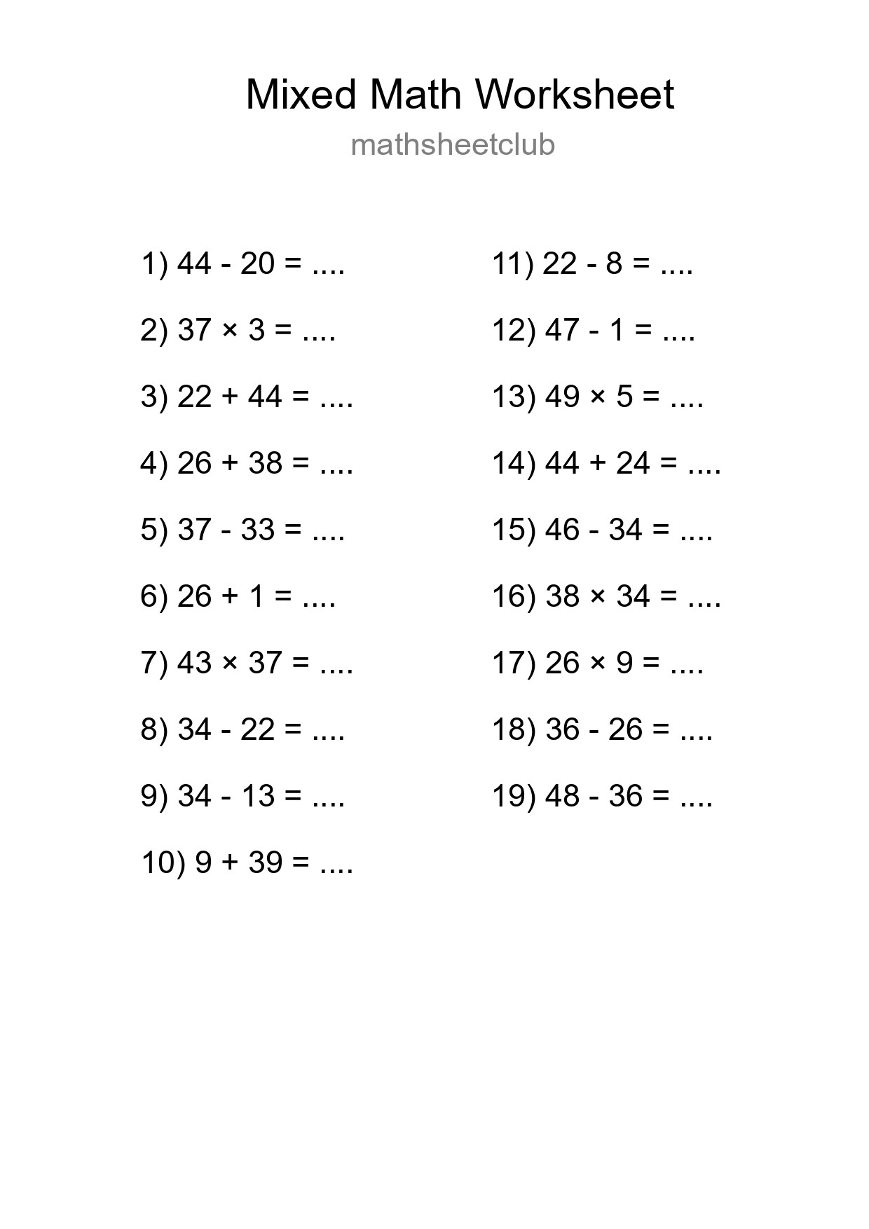 Mixed Operations Math Worksheet