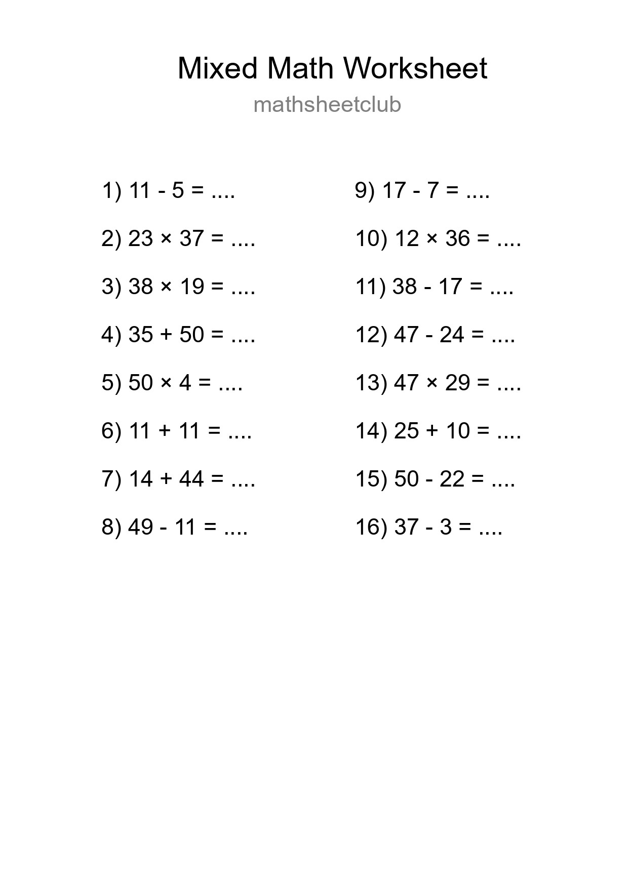 Mixed Operations Math Worksheet