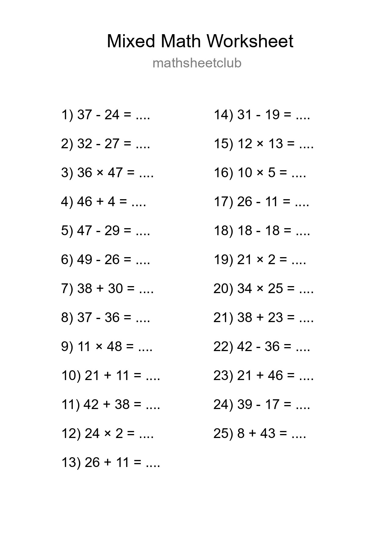 Mixed Operations Math Worksheet