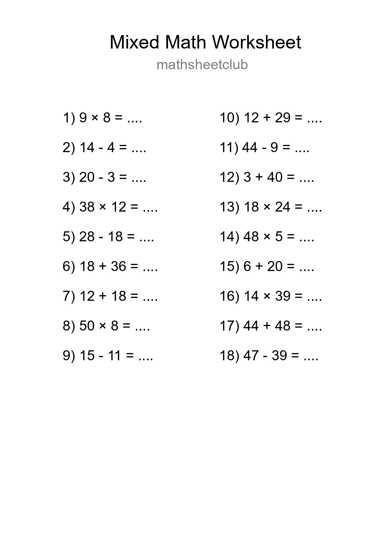 Mixed Operations Math Worksheet