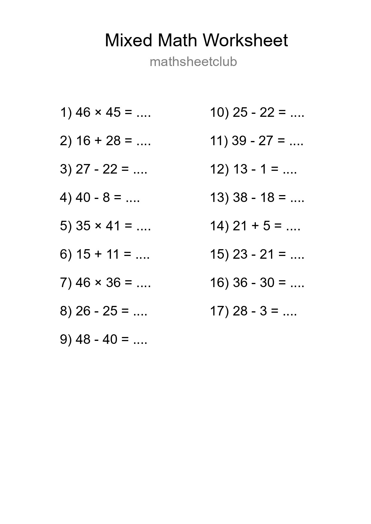 Mixed Operations Math Worksheet