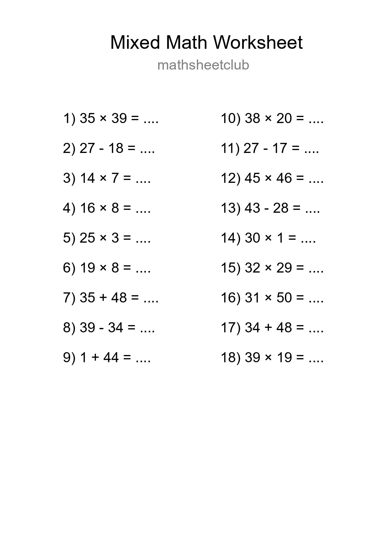Mixed Operations Math Worksheet