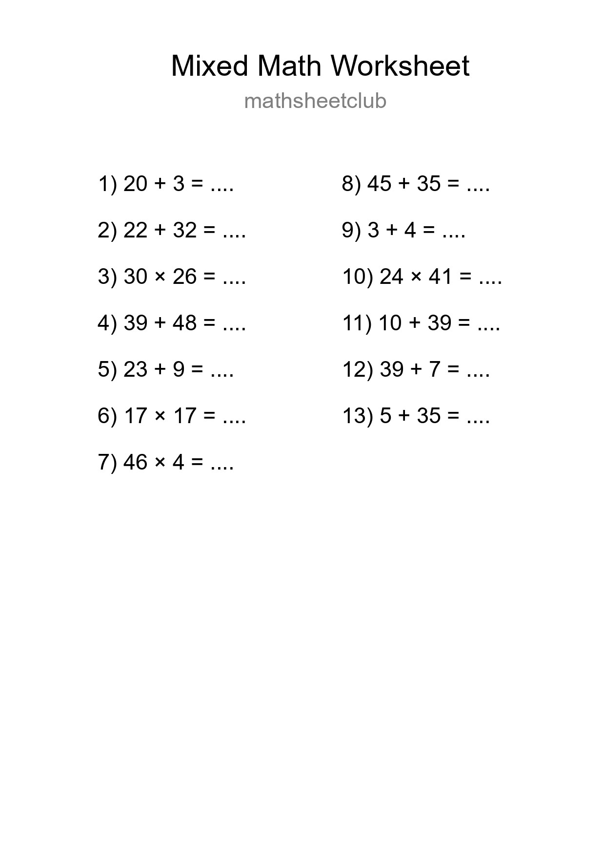 Mixed Operations Math Worksheet