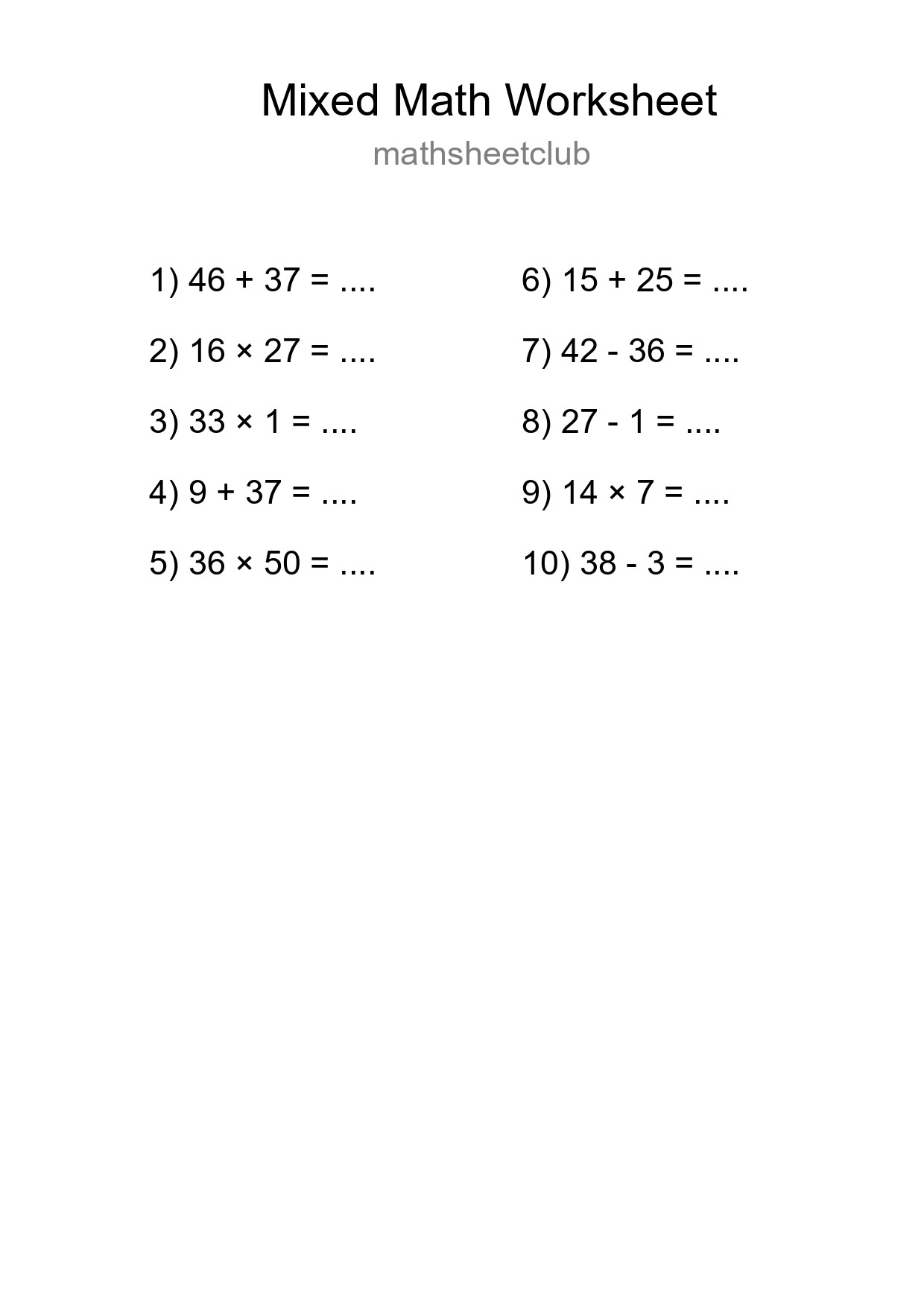 Mixed Operations Math Worksheet