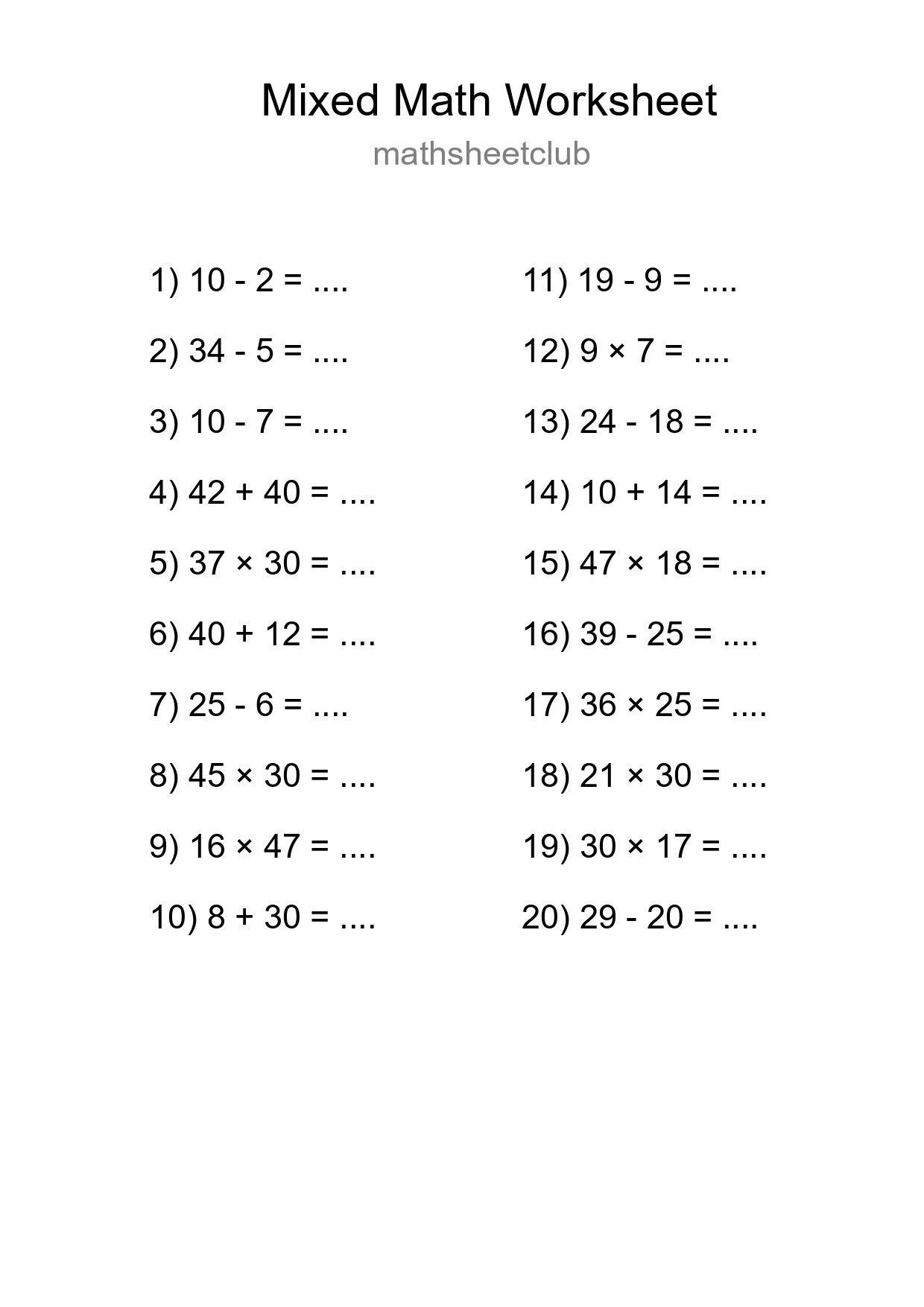 Mixed Operations Math Worksheet