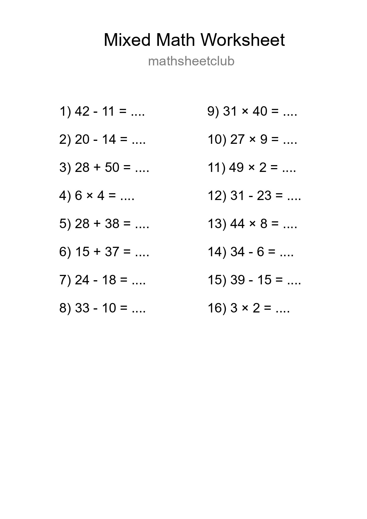 Mixed Operations Math Worksheet