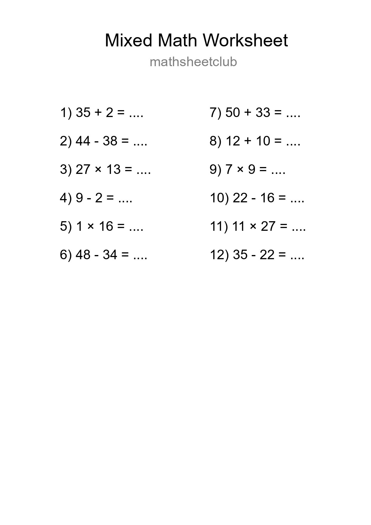 Mixed Operations Math Worksheet