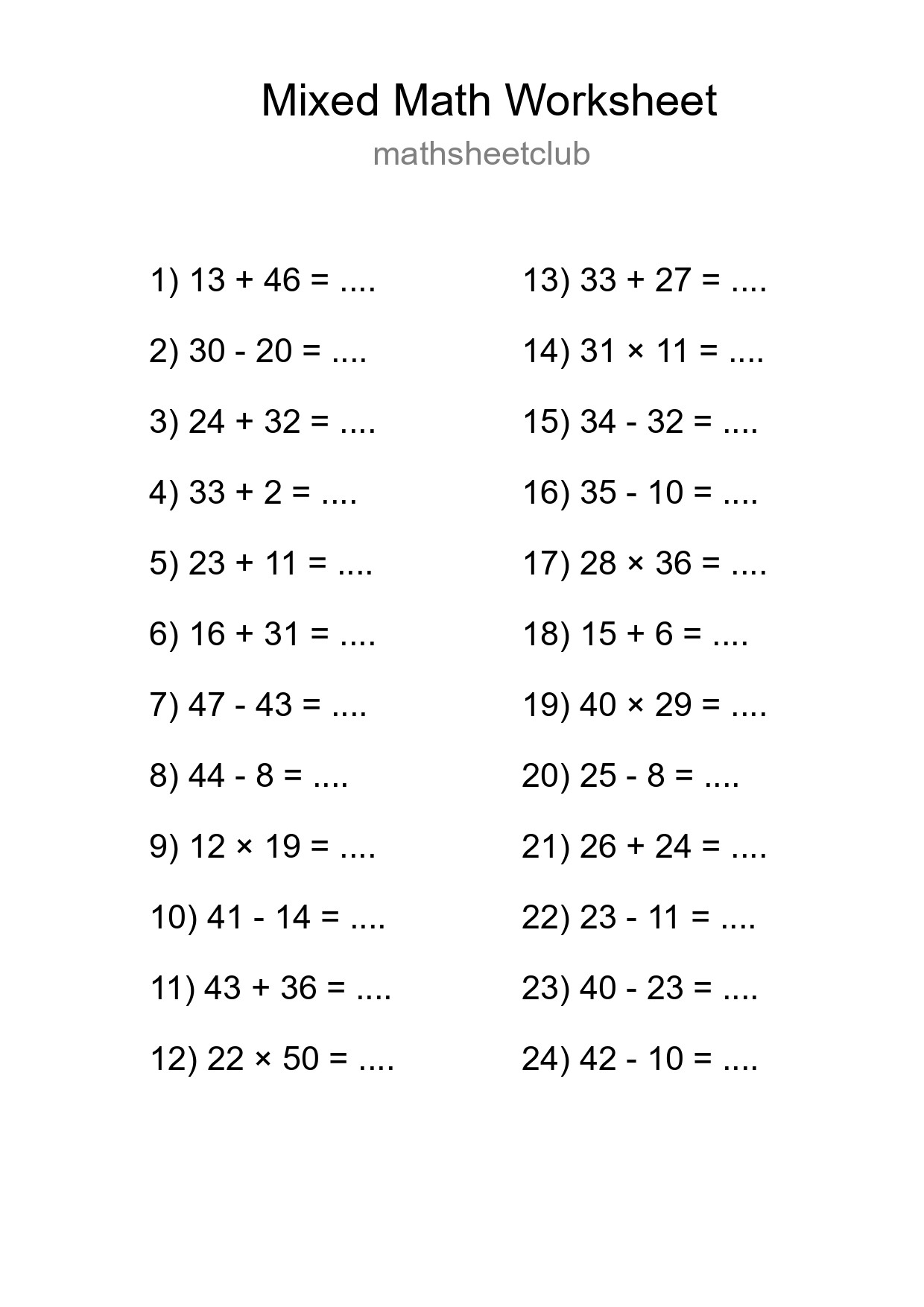 Mixed Operations Math Worksheet
