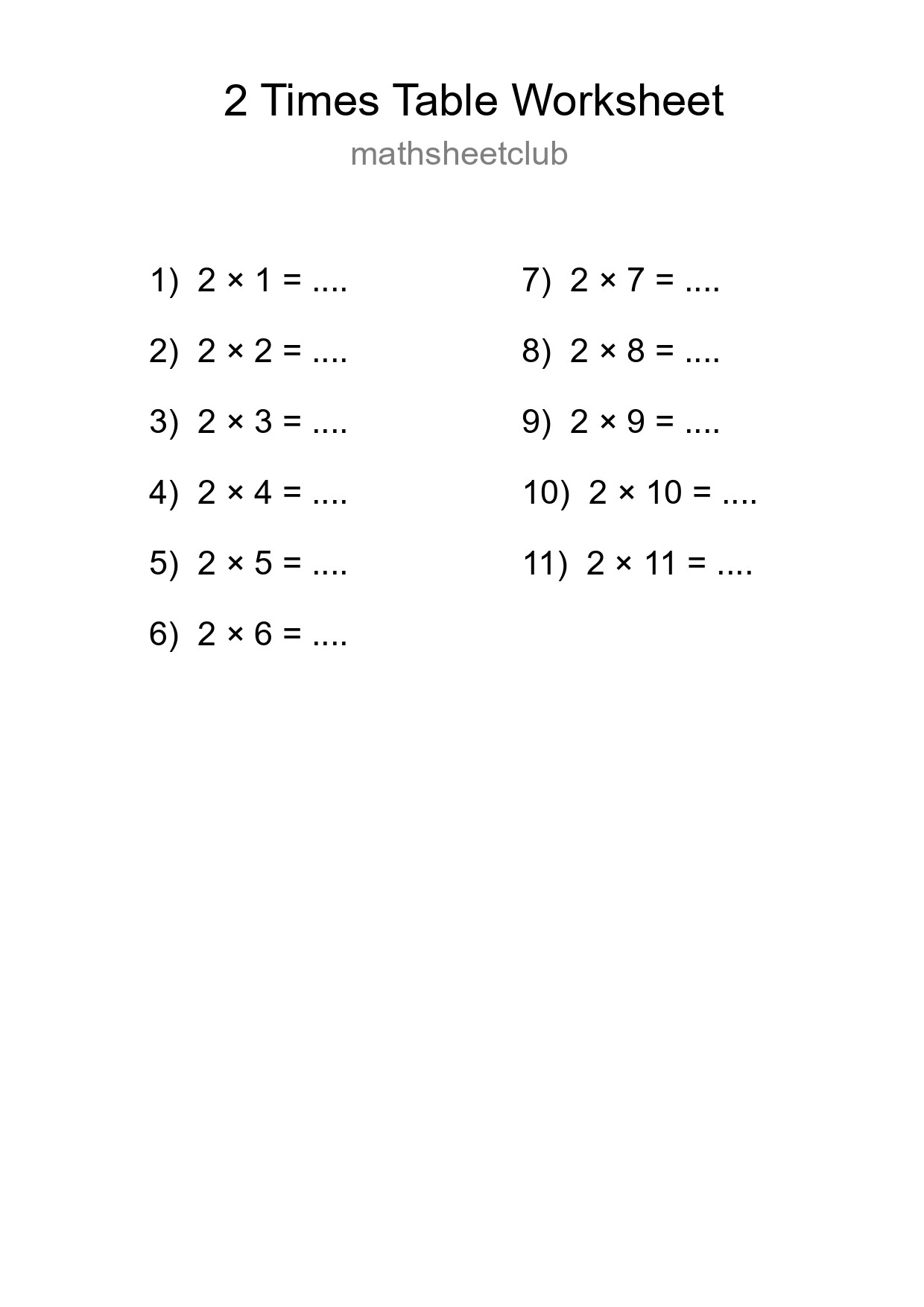 Printable 2 Times Table Worksheet For Grade 2 - Part 20