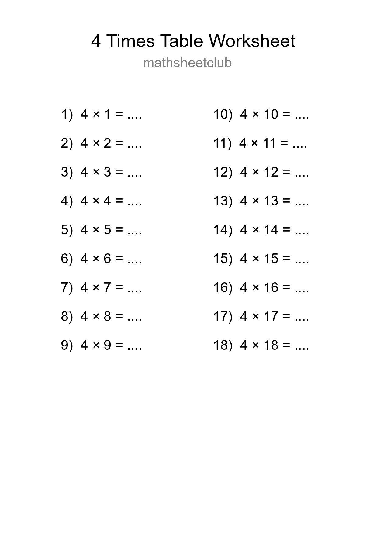 Printable 4 Times Table Worksheet For Grade 2 - Part 218