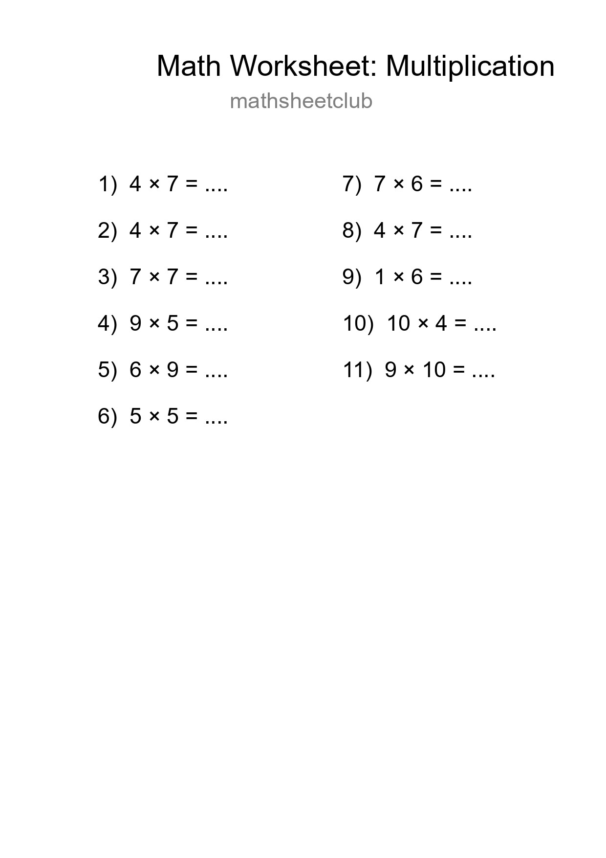 Printable Free 11 Multiplication Math Worksheet For Grade 1 - Part 194