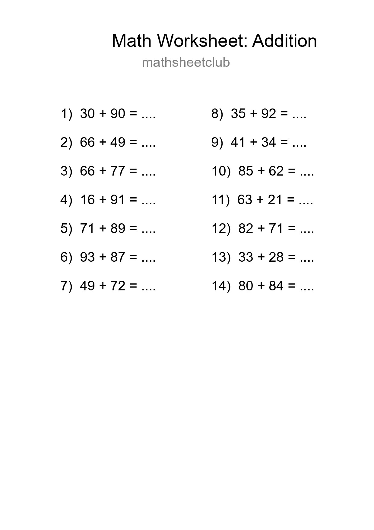 Printable Free 14 Addition Math Worksheet For Grade 3 - Part 122
