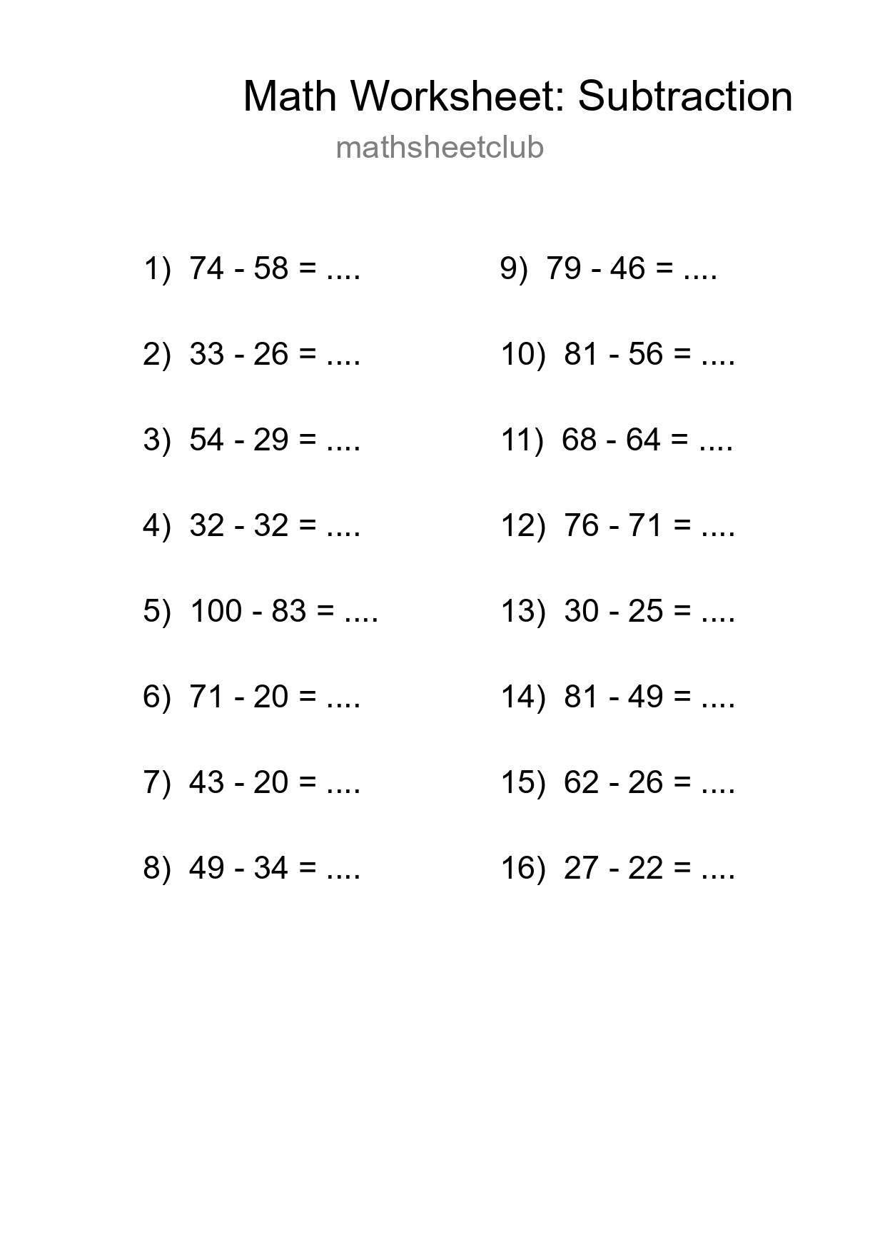 Printable Free 16 Subtraction Math Worksheet For Grade 3 - Part 140