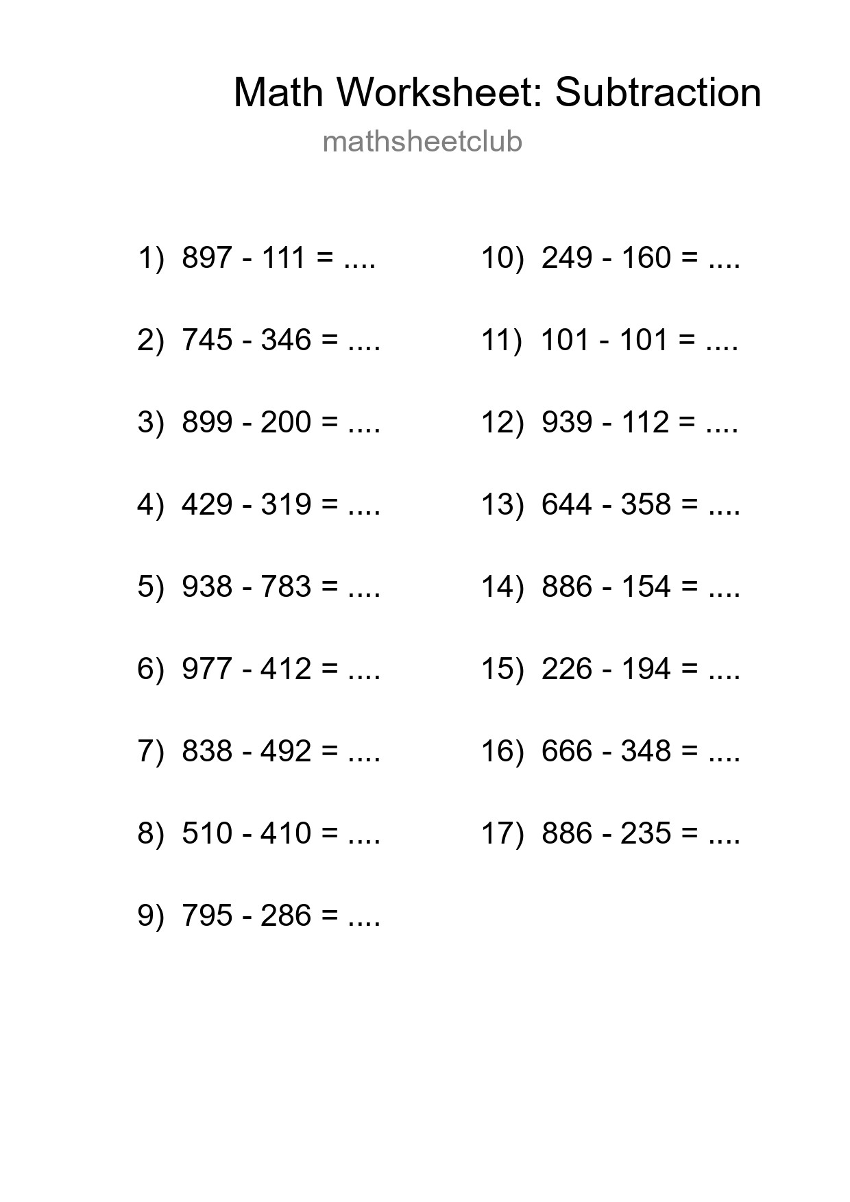 Printable Free 17 Subtraction Math Worksheet For Grade 5 - Part 162
