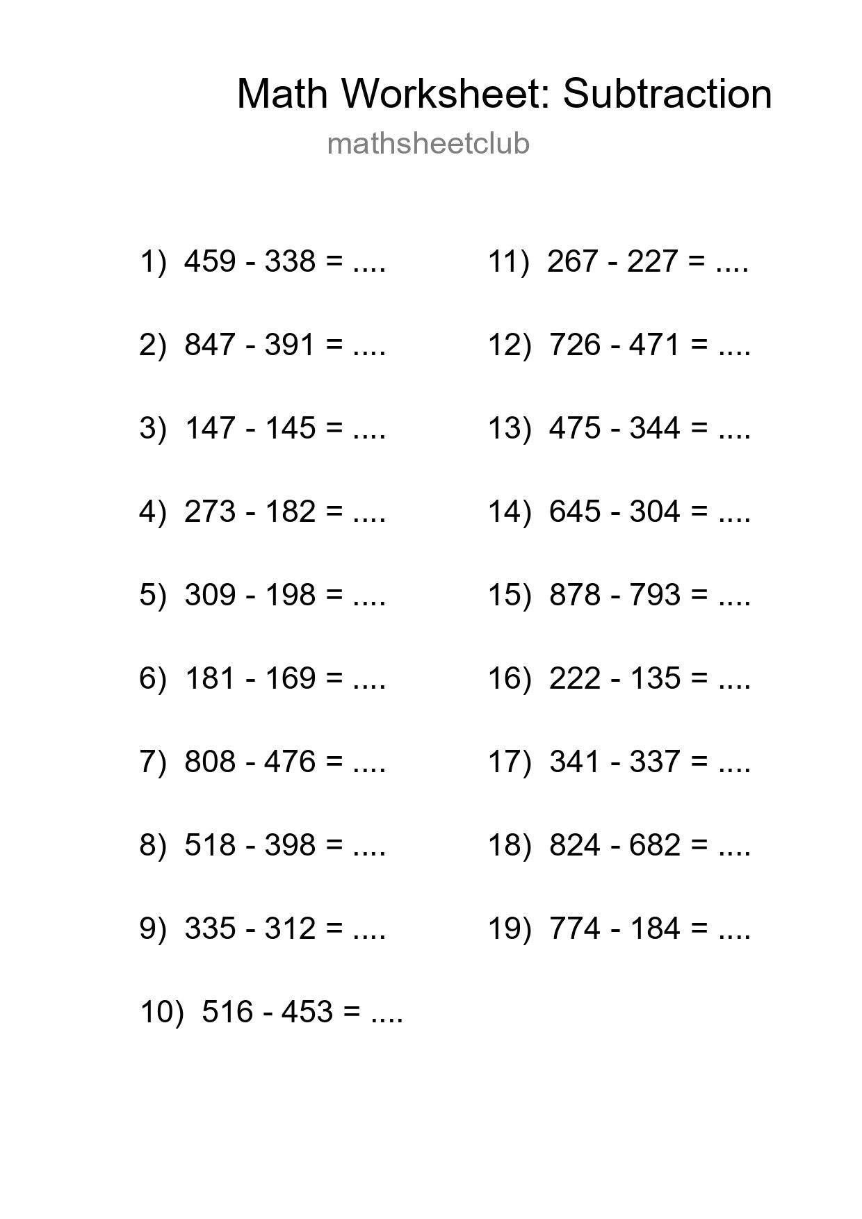 Printable Free 19 Subtraction Math Worksheet For Grade 5 - Part 206