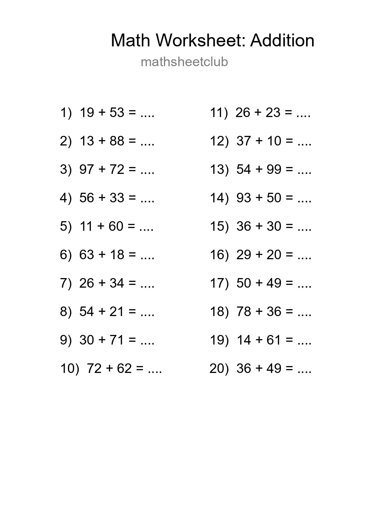 Printable Free 20 Addition Math Worksheet For Grade 3