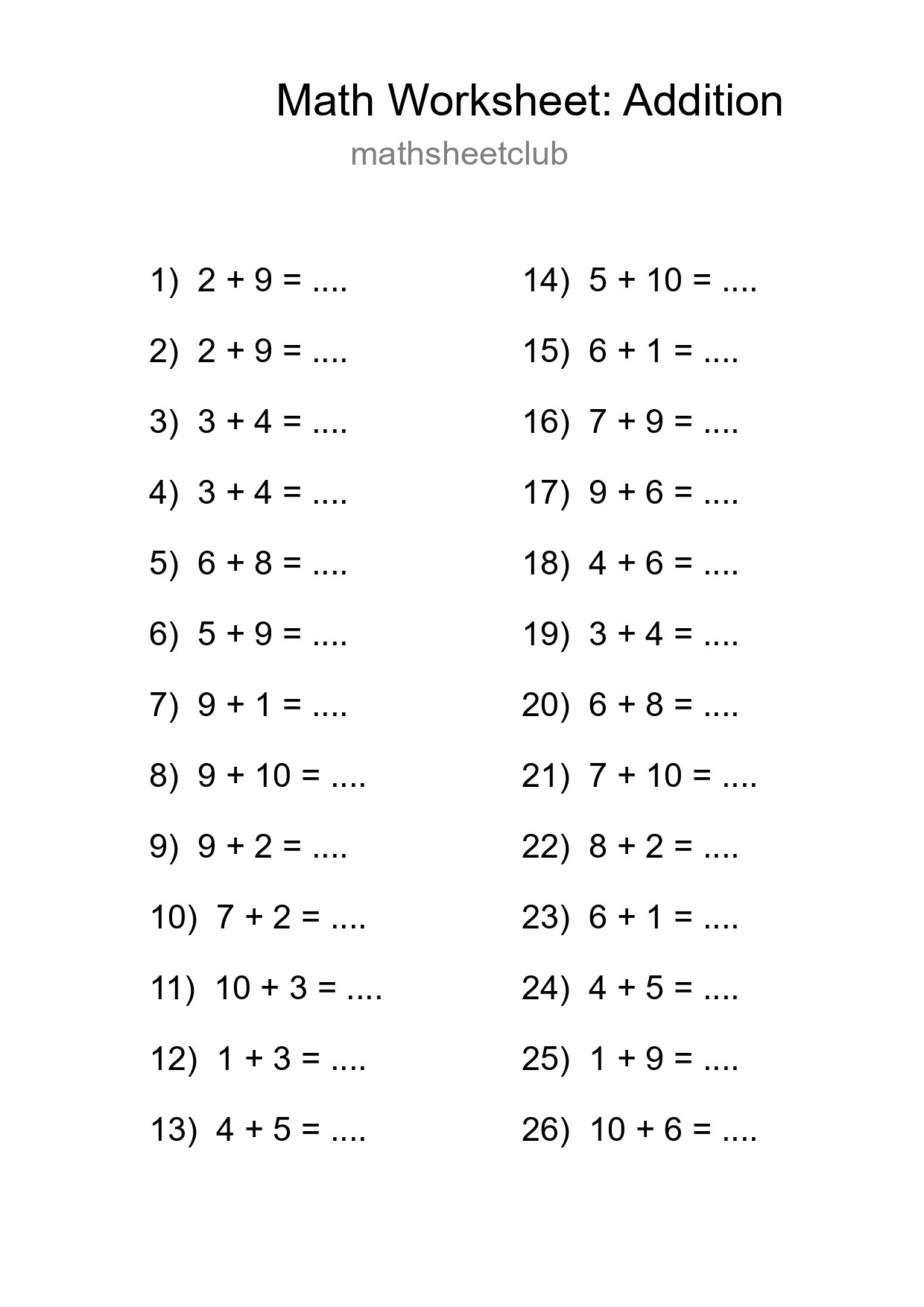 Printable Free 26 Addition Math Worksheet For Grade 1 - Part 67
