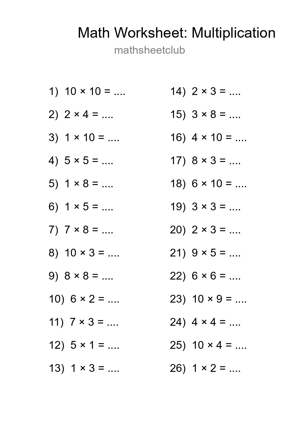 Printable Free 26 Multiplication Math Worksheet For Grade 1 - Part 40