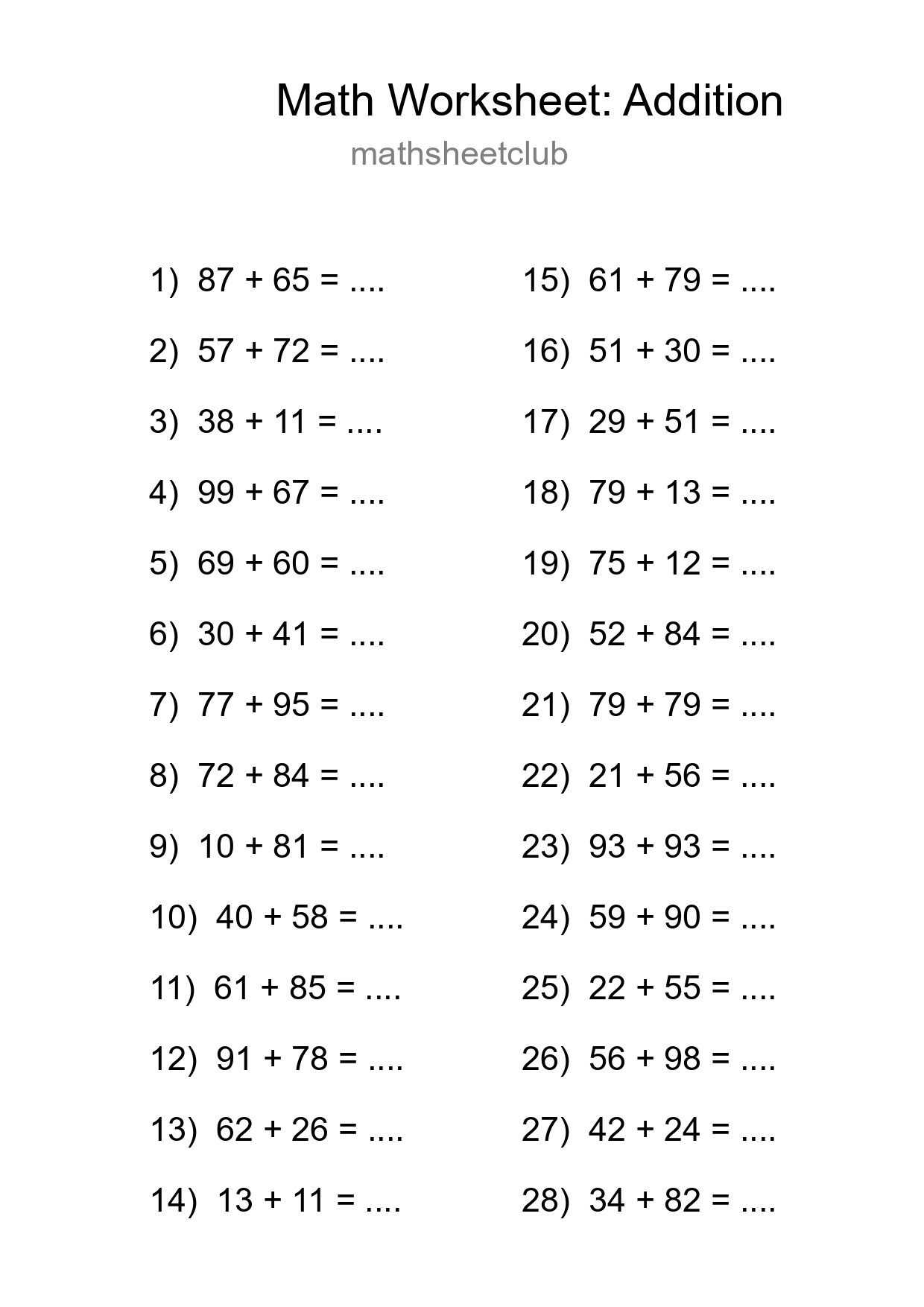 Printable Free 28 Addition Math Worksheet For Grade 3 - Part 23