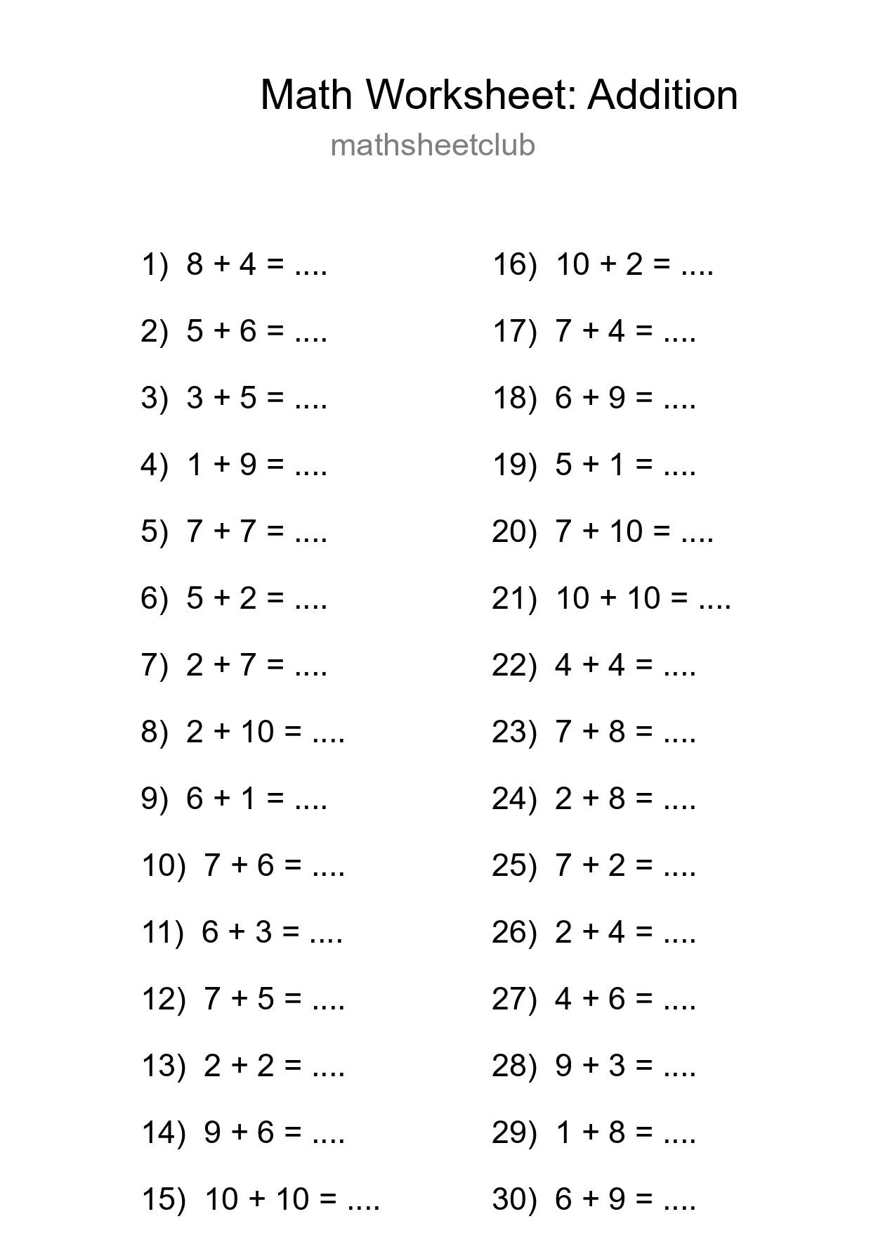 Printable Free 30 Addition Math Worksheet For Grade 1 - Part 78